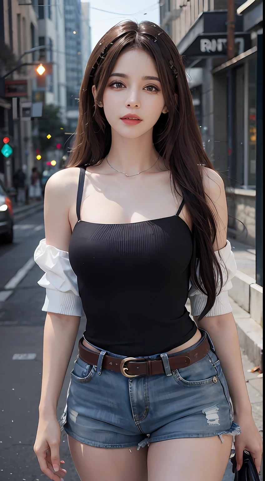 Figuras, beautiful urban university students, obras-primas, maquiagem leve, red-lips, cabelos prateados, long messy hair, fundo de rua, bonito, elegante. Detalhes ultrafinos, obras mestres, textura real, Cinematic lighting realism, trabalho perfeito, 8k, HD, exquisite facial features, top branco apertado de corte aberto, shorts brancos curtos e apertados, abdome fino, coxas grossas, olhos grandes brilhantes, pele lisa, brincos, gargantilha.