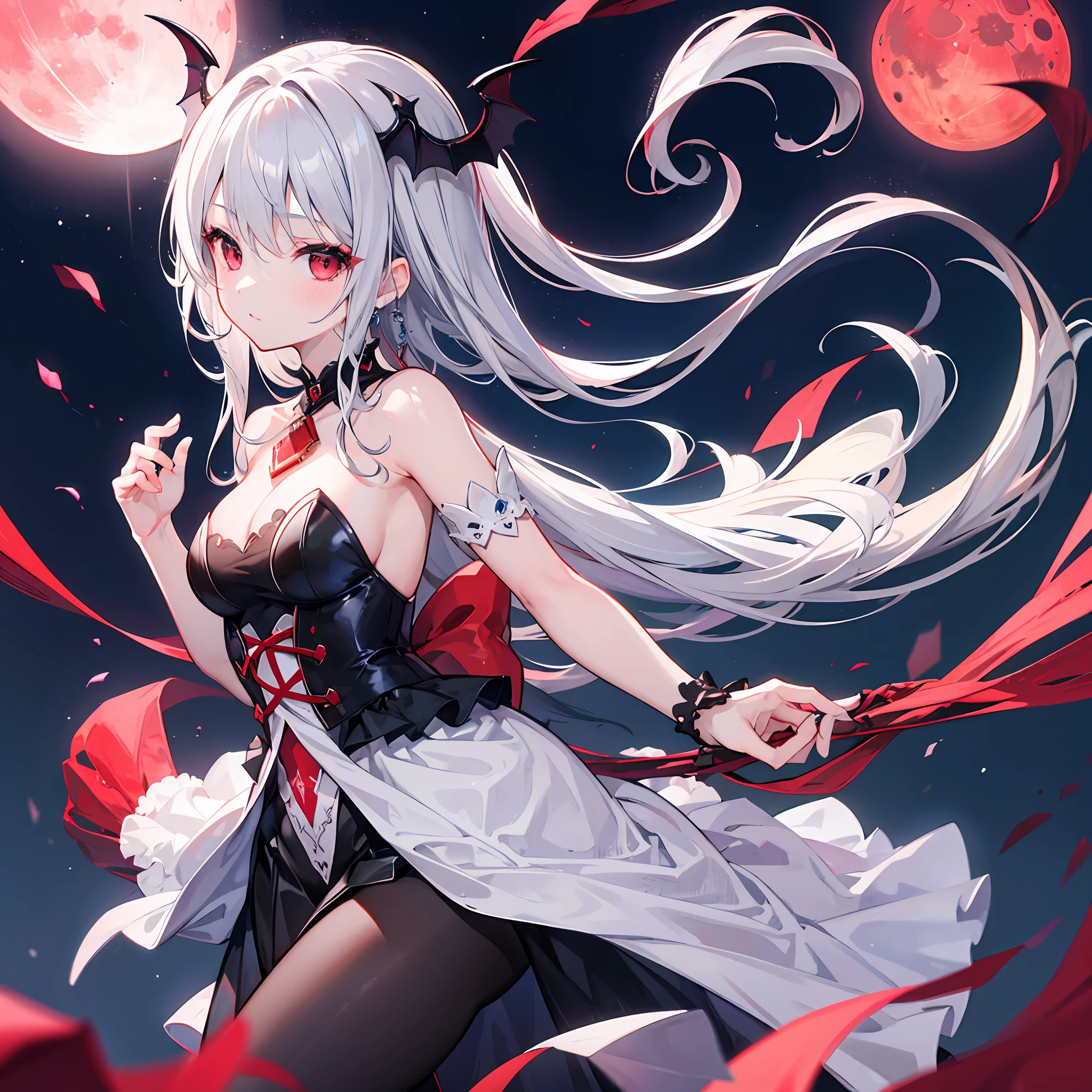 One girl with gray hair、red eyes、Vampire、doress、Red Moon、Midnight