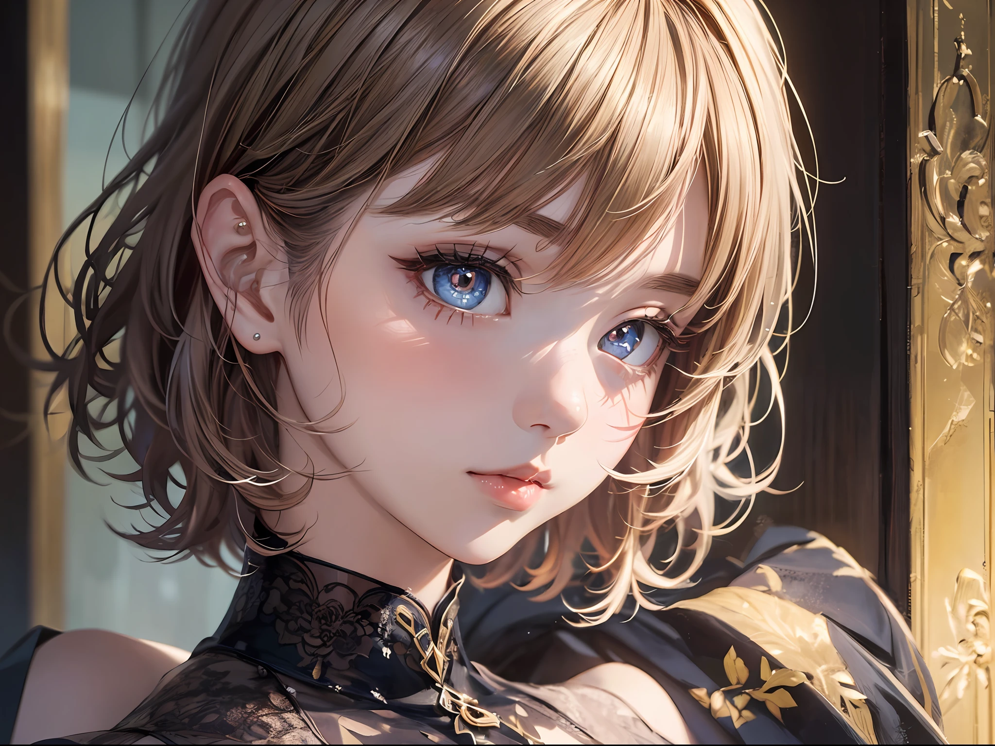 1girl in, (((shorth hair))), jugendstil,(masterpiece, top-quality, Near and far law, depth of fields:1.5), beautiful countenance, 8k, Raw foto, HDR, Photorealsitic, film grains, chromatic abberation, hight resolution, ultra-detailliert, finely detail, 动态照明, Dramatic lighting、shadowy、extremely detailed eye and face、Round pupils、Realistic pupils、clean back ground