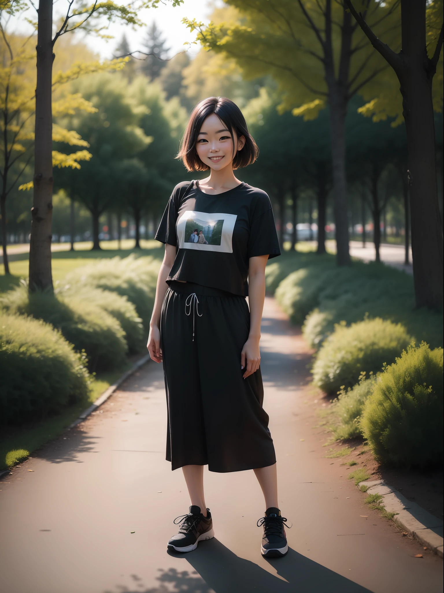 there is a woman standing in a park with a smile on her face, taken with the best dlsr camera, photo taken with canon 5d, in front of a forest background, at college, wearing black tshirt, full body photogenic shot, taken with canon 8 0 d, candid picture, with a cool pose, in a park, at night time, candid photo