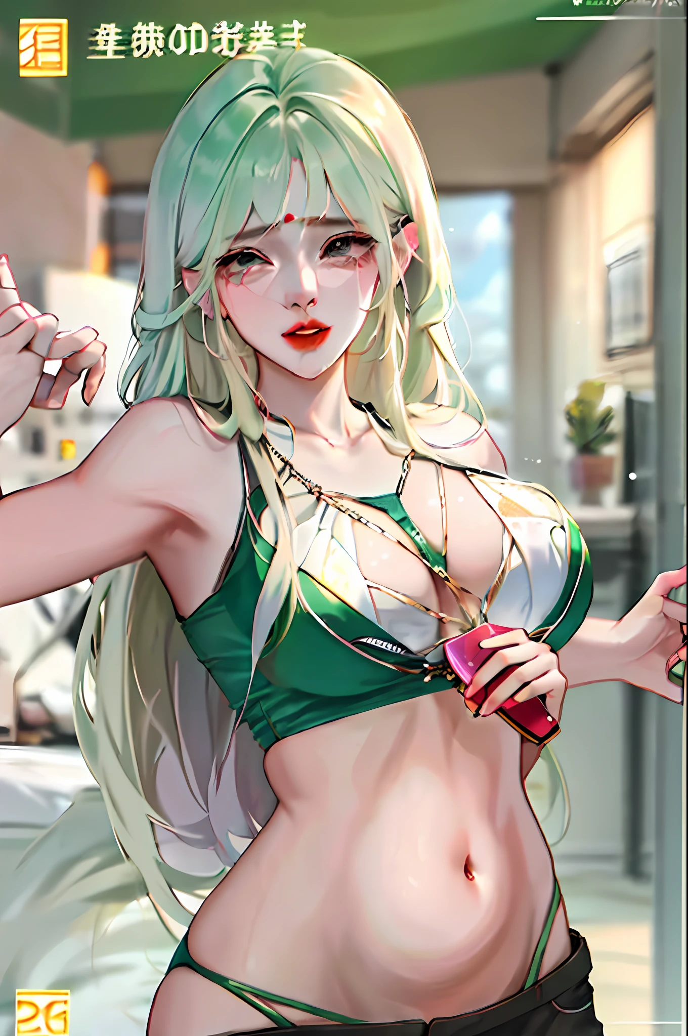 Slim figure,Milk fat buttocks,Beautiful face,Pot-bellied females,Fan in hand,Sobbing aggrievedly,Open-mouthed,Wearing green,Abdominal distention,prengant,Cover your breasts