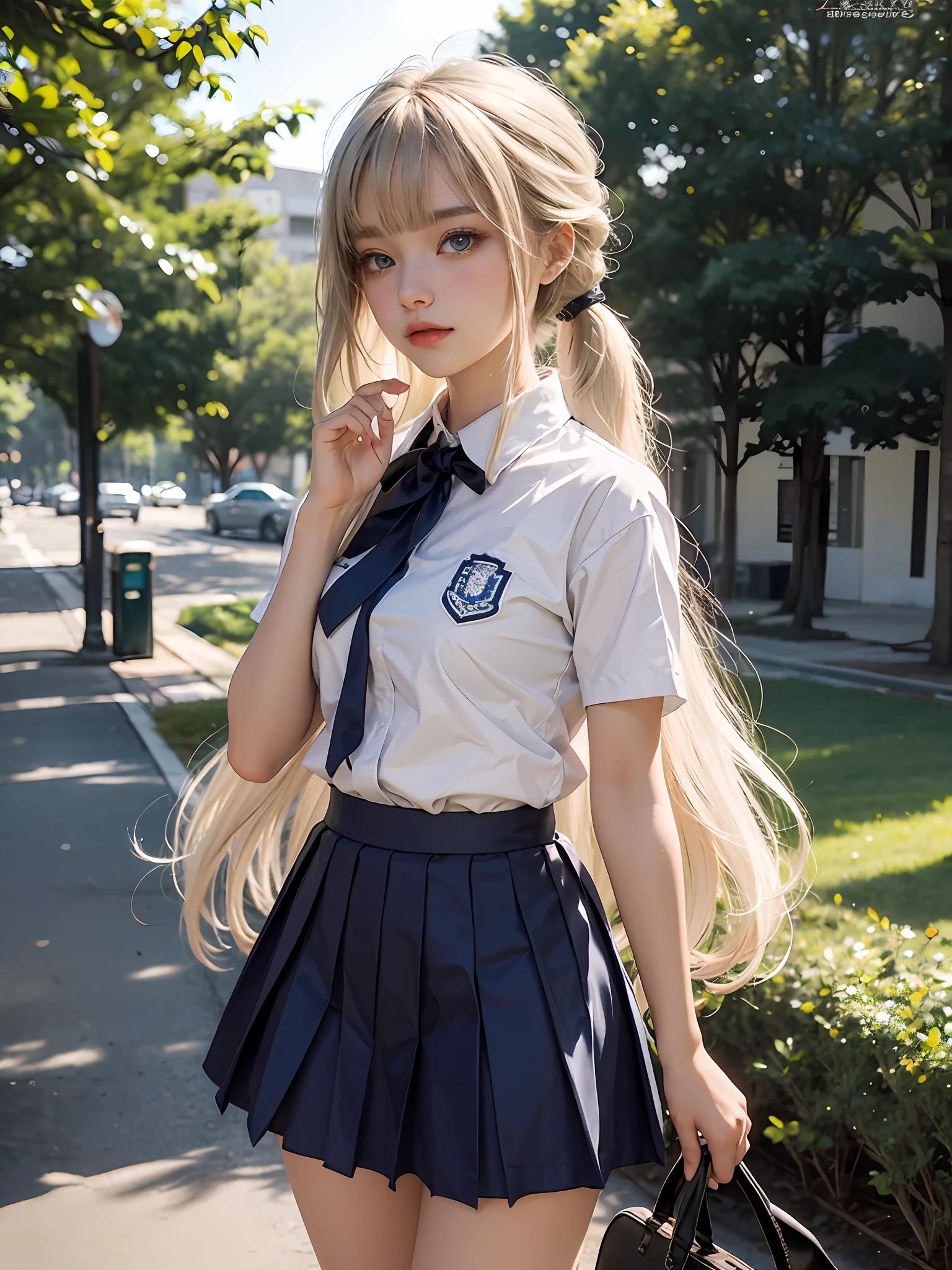 En plein air、Swaying bangs、Care for bangs、poneyTail、Hair care、Very beautiful cute girl、A miniskirt、Shiny white young beautiful skin、sexy and very beautiful good looks、very cute face,extreme beautiful、Super long platinum blonde hair、Silky straight hair、wide blue eyes,Translucent、eyeline、School uniforms