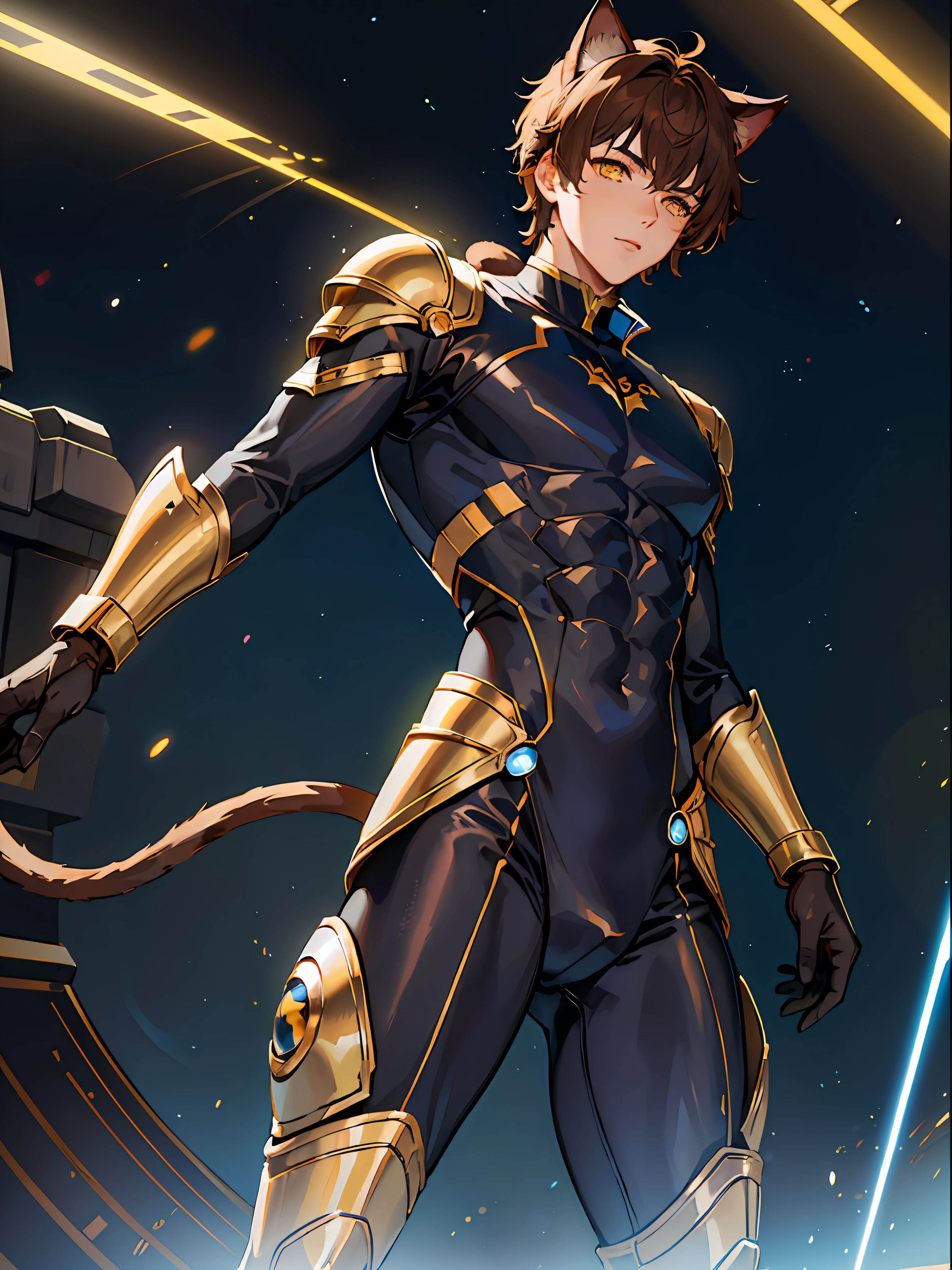 ((young male)), brown hair, yellow eyes, cat ears, cat tail, ((blue bodysuit)), light armor, [skinny:muscular:0.7], science fiction, sci-fi, cosmic background