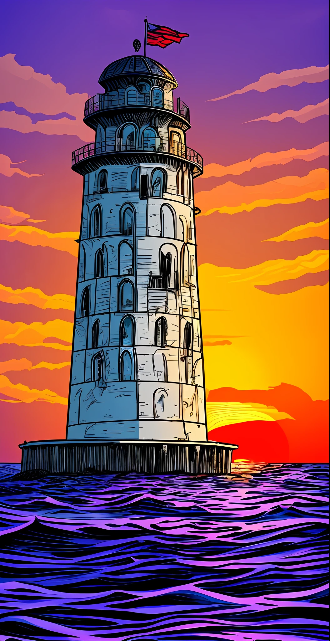 Comic style，On the endless deep purple ocean，In the middle of the island in the sky， There is a white tower that reaches the sky，The setting sun clings to the deep purple sea