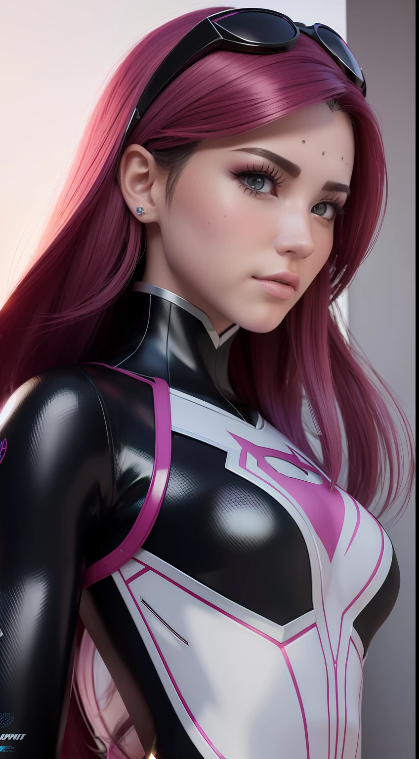 Ultra detailed complex 3D rendering; 1fille, portrait, (corneo_dva),Spider costume-Gwen , superhero,cheveux noir , Cheveux courts,piercing aux sourcils --auto