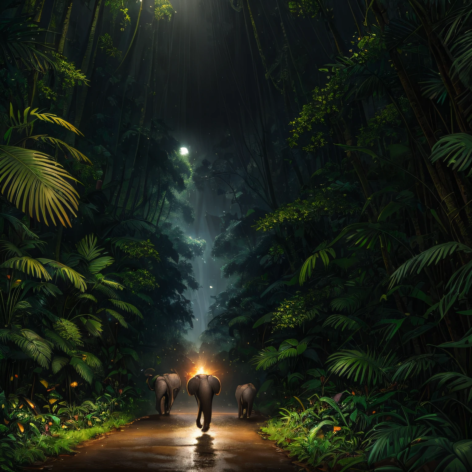 (Hyper-realistic), (illustratio), (A high resolution), (8K), (extremely higly detailed), (Most Best Illustration), (Puppet elephants), (best qualtiy), (ultra - detailed), (tmasterpiece), ( wallpaper),with plants around it,Mysterious and beautiful rainforest,Like running away alone on a rainy night,Freedom of adventure,The elephant is in the middle, --auto