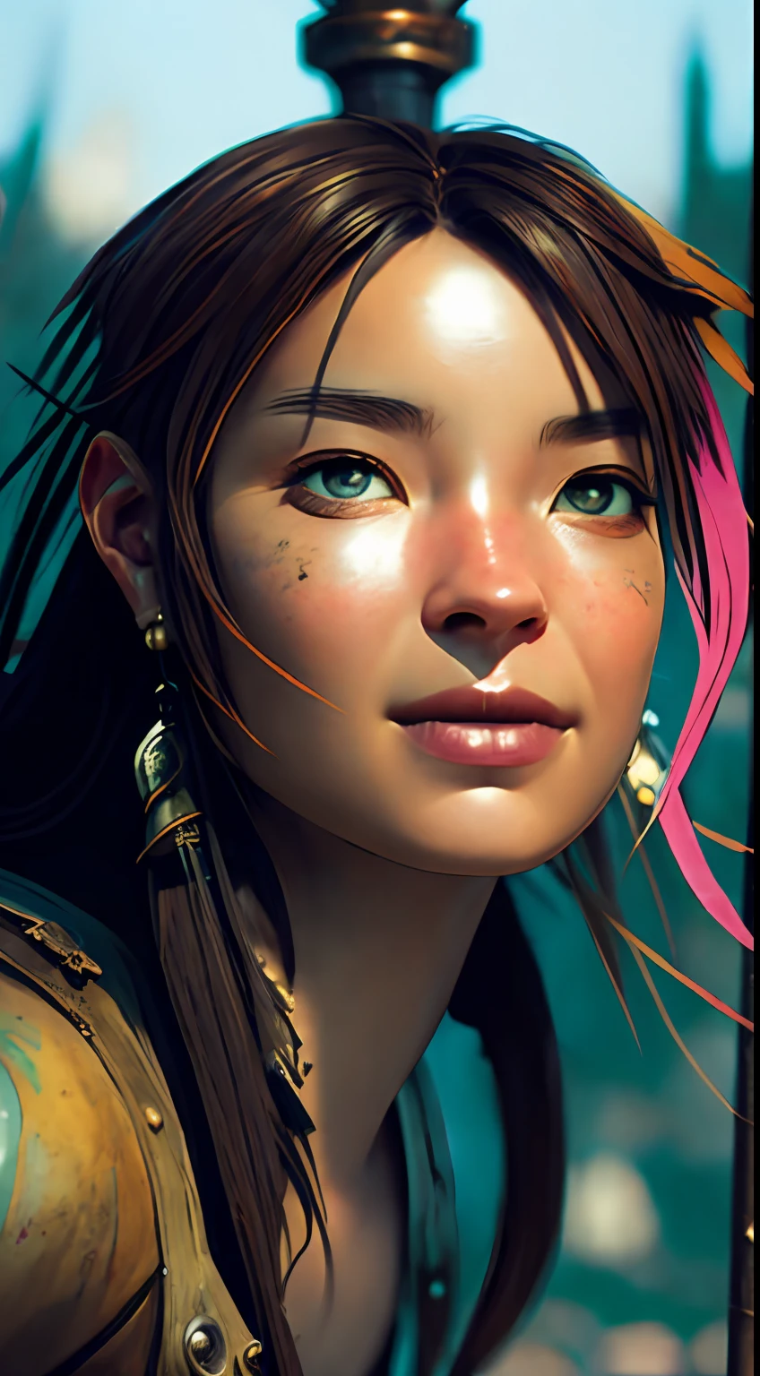 Portrait of a pirate girl: Kingdoms and ruins; Battered pirate legends; Faded melancholic fantasies; Endless details in decay; Extravagance with high focus; Elegance disappeared amidst the rust; Fragments of worn-out heritage; Artistic nostalgia in the transitions of imagination, capricious resilience; Intricate textures, resolution concept art portrait of Greg Rutkowski Artgerm WLOP Alphonse Beeple Caravaggio, soft colors, watercolor style, Author: GIlSampaio, Octane rendering, extra high resolution, trends in Artstation, Author: Artgerm, H. r. Giger & Bexin - Super-Detailed GS Studio., Fantasy, Realistic, Full HD, 16k, photo realism