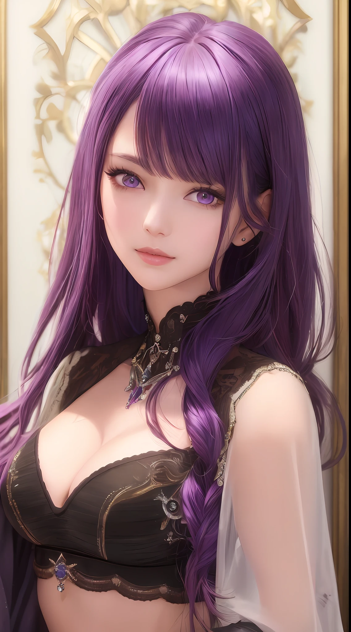 (masterpiece, sidelighting, finely detailed beautiful eyes: 1.2), masterpiece*portrait, realistic, 3d face, glowing eyes, shiny hair, lustrous skin, solo, embarassed, (midriff), purple hair, soft lips, glossy lips