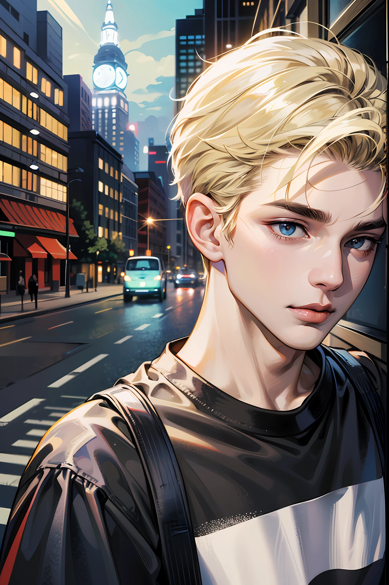 (absurderes、hight resolution、ultra-detailliert、nffsw)、masterpiece、top-quality、1boy、a handsome、shorth hair、a blond、finely eye and detailed face、(a black T-shirt)、brow、Street、nightcity、Light smile