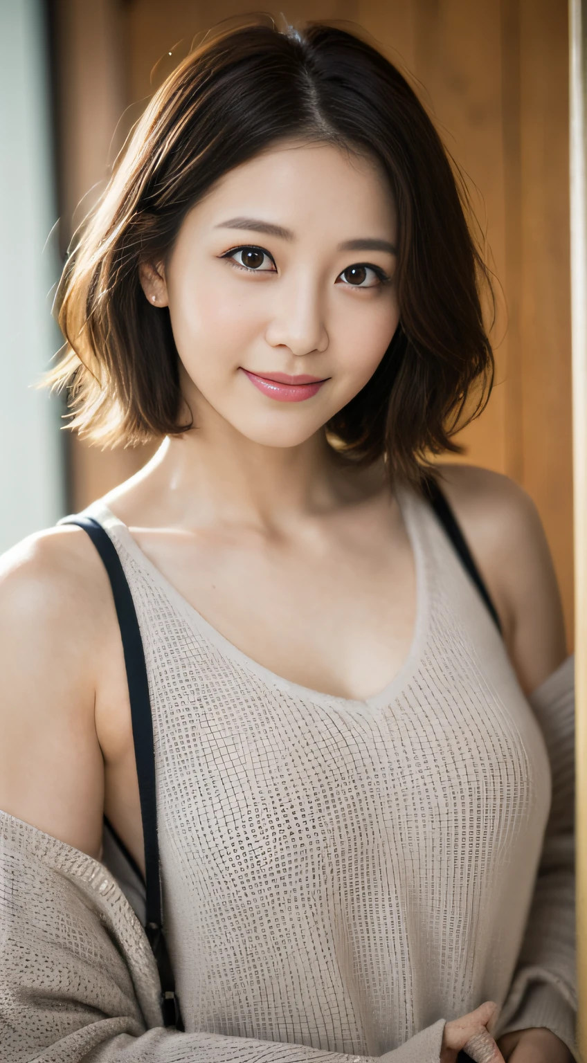 portrait, 8K, high quality, realistic photo image, 39 years old, Japan woman, neat and clean wife, small, housewife, reproduce natural and realistic eyes, Japan person stand, small, beautiful black hair, short hair, light makeup, octane rendering, beautiful lighting, golden ratio composition, smile, everyday wear, casual clothes, natural background, blurred background, 4k, high quality, realistic photo image, Japan woman, 37 years old, pure Japan face, lovely wife, upper body, small breasts, light makeup, suppin, neat beauty, mature woman, sober clothes, gray, beige, blue, sober, casual attire, smile, black hair, small black eyes, background blur