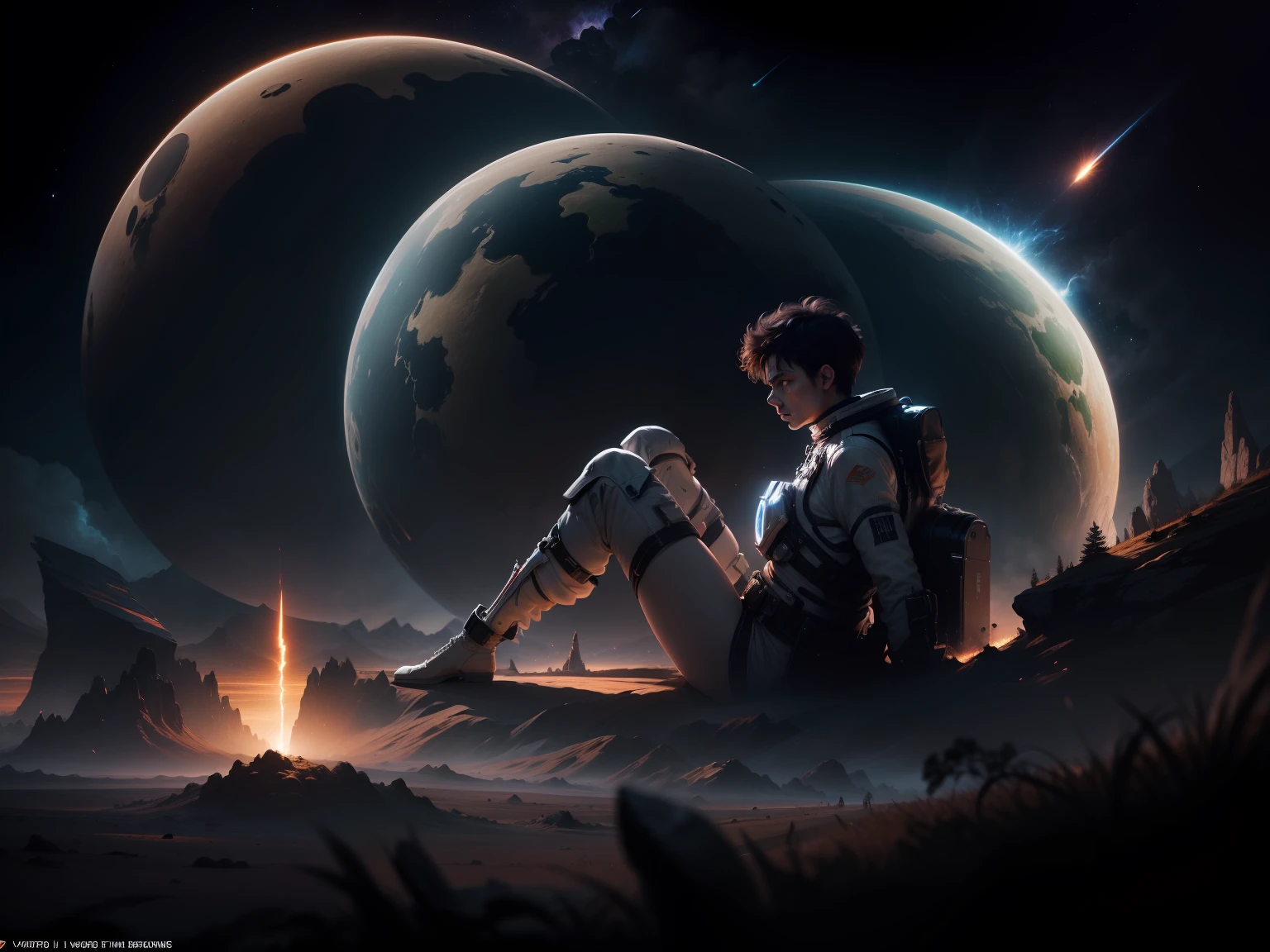 The scene is an epic and grandiose vision into a space odyssey landscape planet, dynamic pose, intricate scene and very epic, volumetric lights, evoking a sense of adventure, grandeur and wonder, an intricate and highly epic masterpiece, UHD, 8K, in hyper realistic style.
