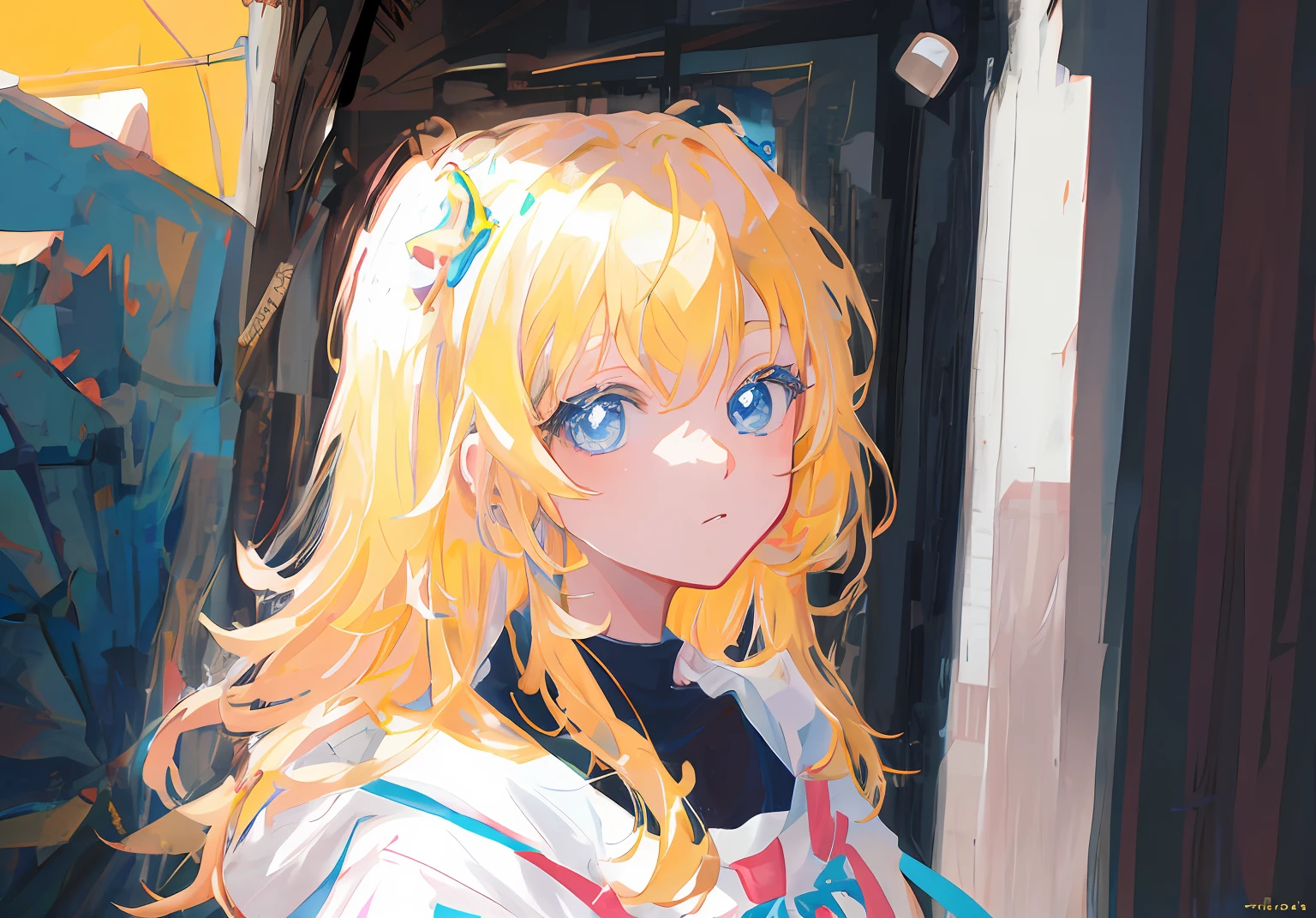 Anime girl with blonde hair and blue eyes standing in front of the building, style of anime4 K, a beautiful anime portrait, detailed portrait of an anime girl, Detailed digital anime art, Anime style portrait, Digital anime illustration, drawn in anime painter studio, beautiful anime art style, Anime style. 8K, Digital anime art, clean and meticulous anime art, Portrait of an anime girl
