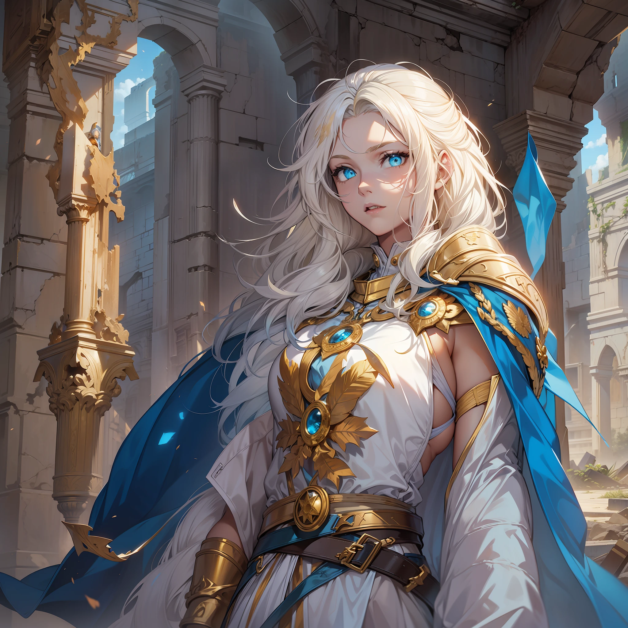 s girl，white skinned，Blonde and blue hair，A scabbard hangs from his waist，ancient wind，Golden decoration，Cloak，A man stands among the ruins，Blue pupil，glowing light eyes，HighestQuali，tmasterpiece