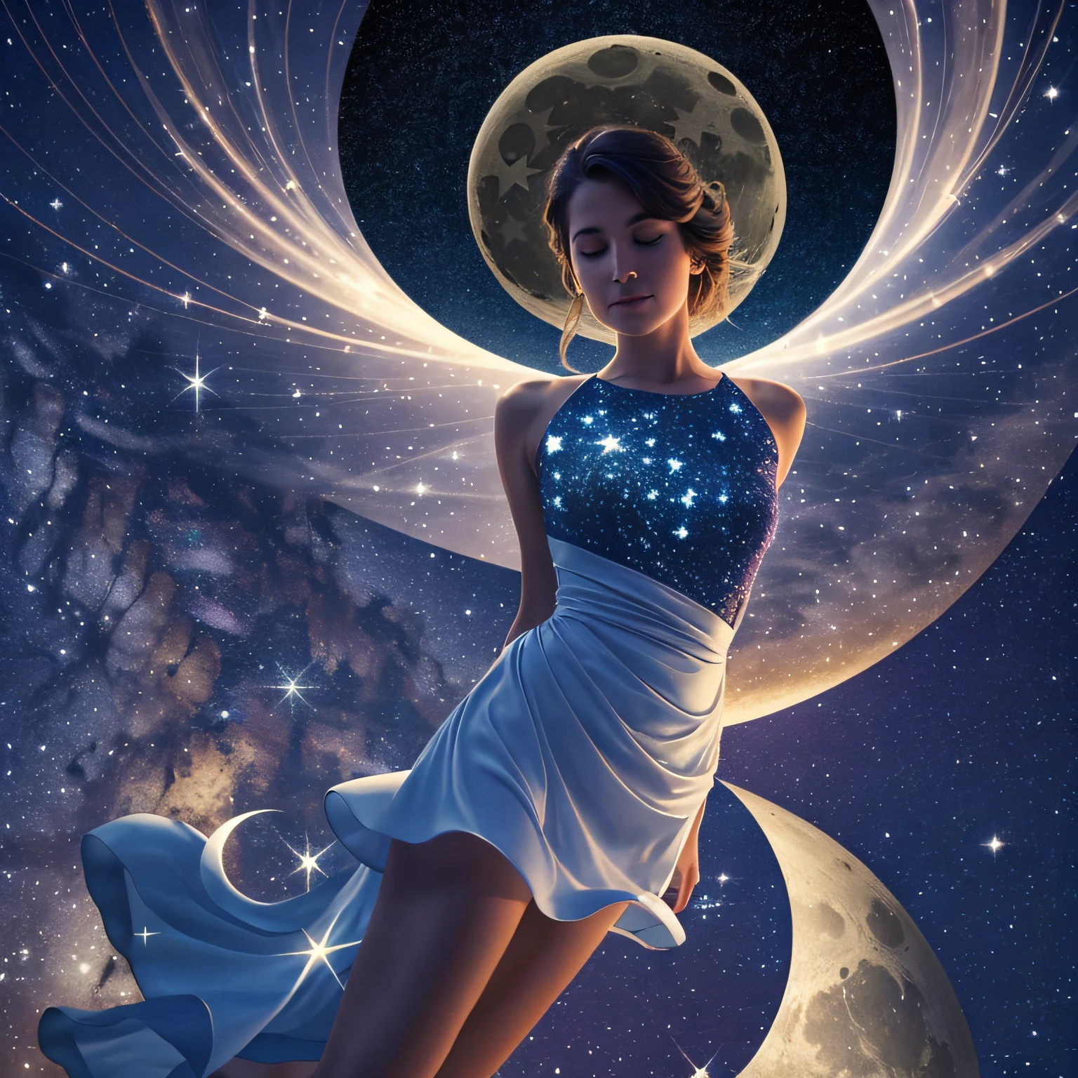 woman balanced on the quarter moon, normal legs, stars in a beautiful night sky, the image is to be generated, flowing blue star light dress, with a high-resolution 16k, using a virtual 85mm lens, with a focus on sharpness and depth-of-field