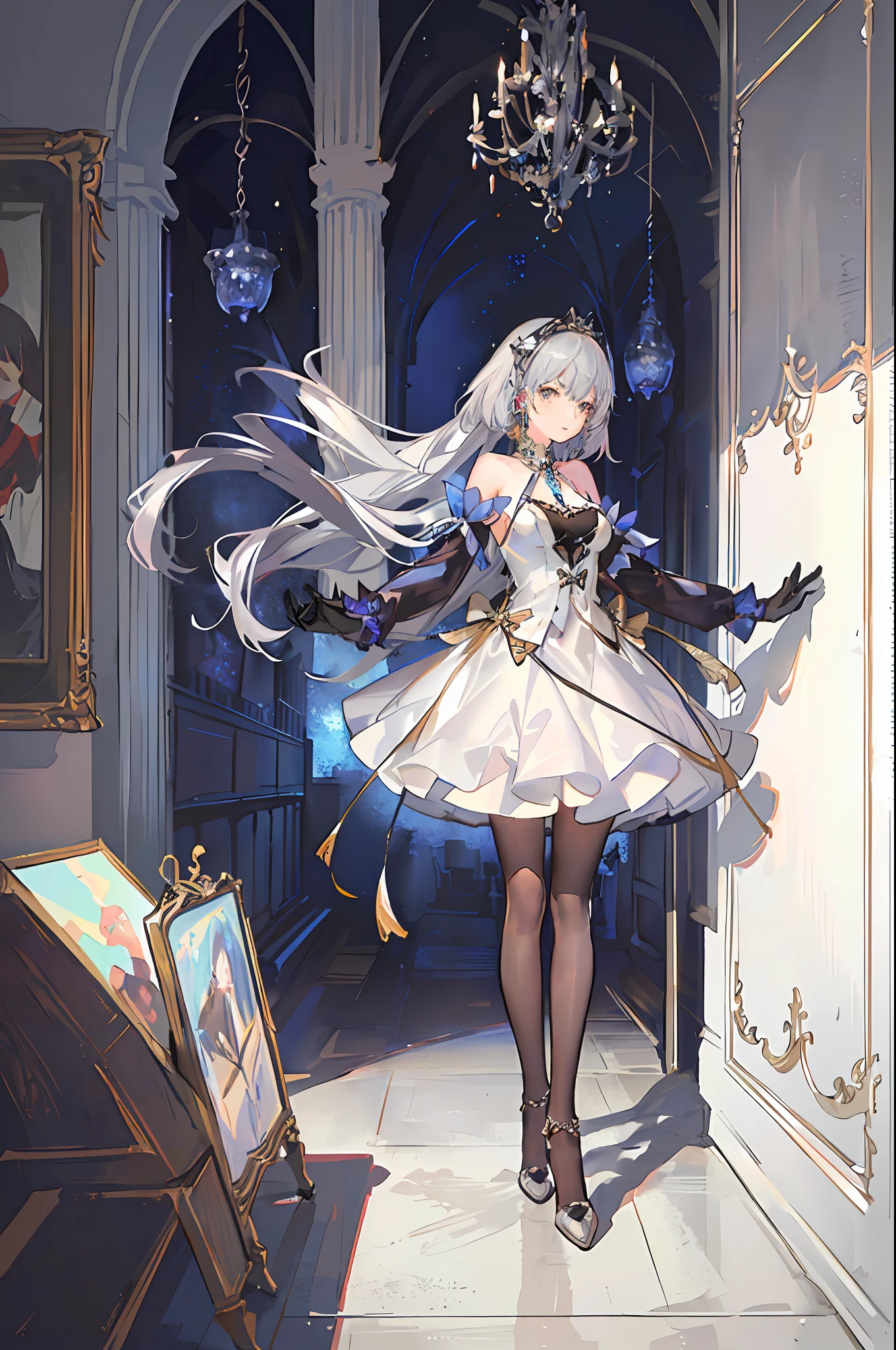 masterpiece, Best quality,4K,Wallpaper 8k, Ultra Detail, Illustration, Portrait, 1girl, St. Louis \(Luxury wheels\)\(Azure Lane\), Hair ornament, Earrings, Necklace, Portrait, ((((Silver Dress))), (Reveal))), Look at Viewer, Solo,Walking Gracefully