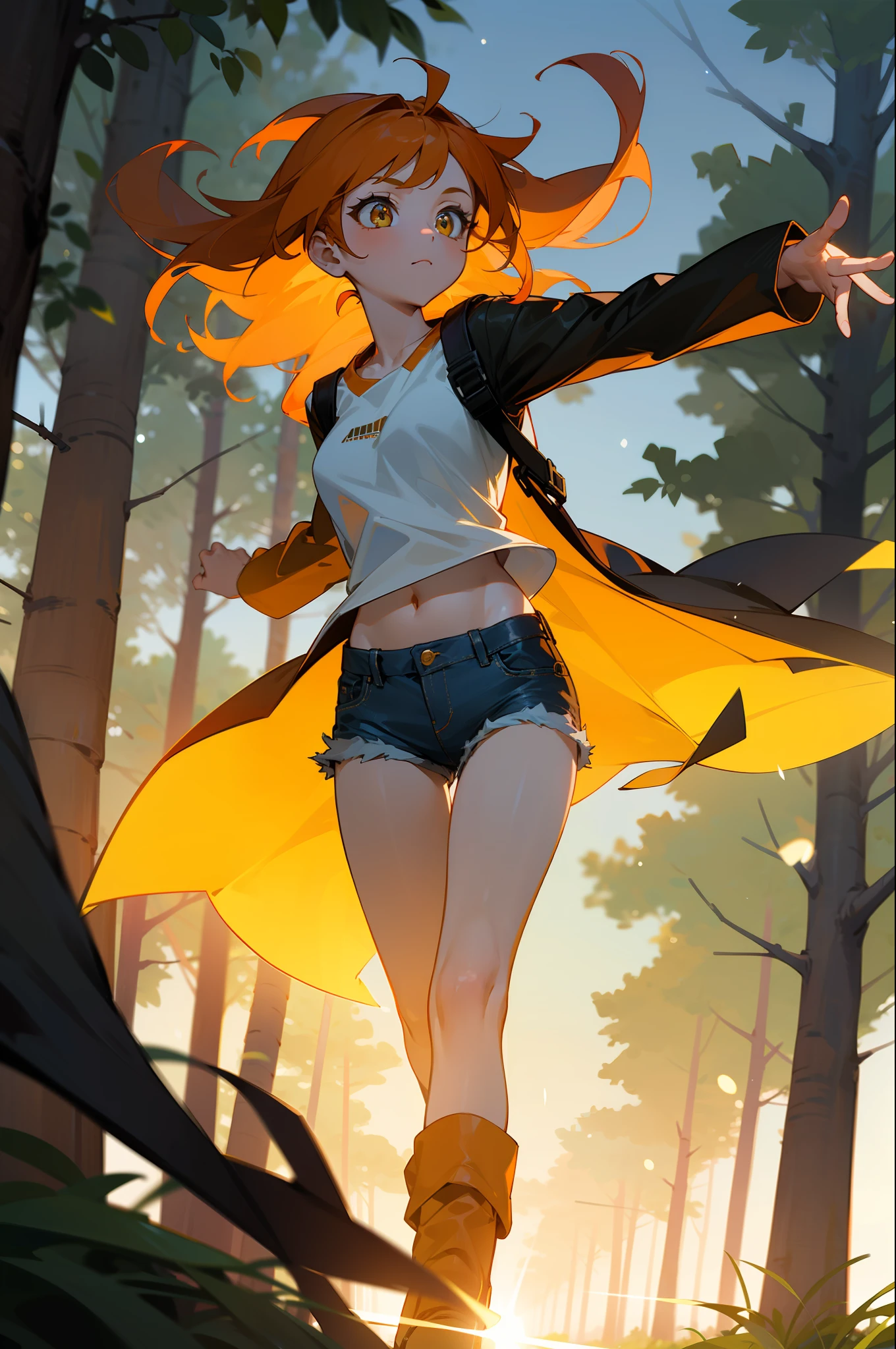 1girl, solo, (running), (masterpiece, best quality), lens flare, (orange hair), long hair, amber eyes, (white top), black sleeves, denim shorts, short boots, one-sided crossbody bag, (forest), outdoor, night