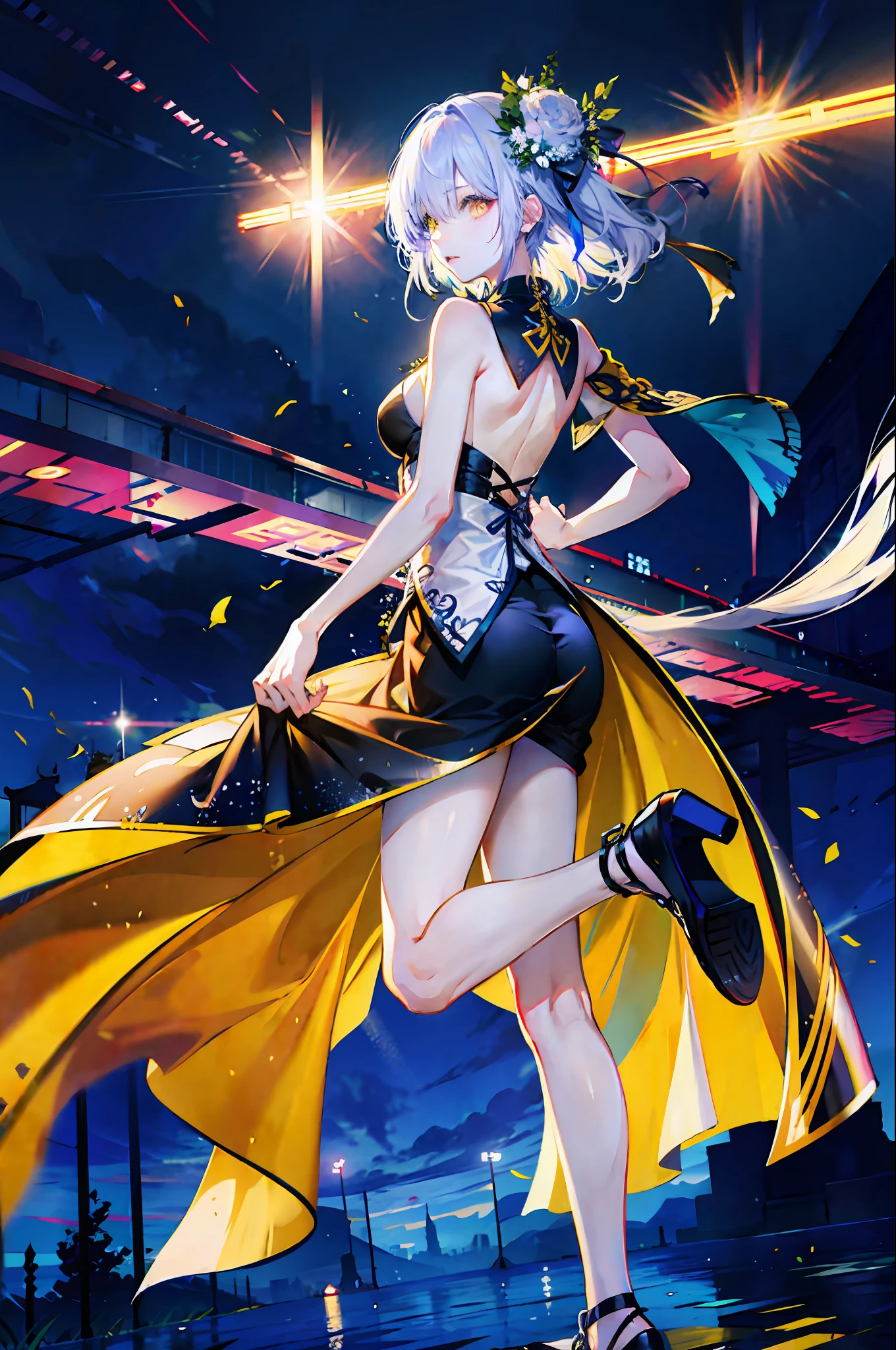 (best qualtiy,8k wallpaper,detailed back ground,A high resolution,absurderes,full bloom,messy hair,shinny hair,Exposure to light,Bright pupils),1girll,Focus on the legs,receiver,long whitr hair,silber hair,large_breasts,action_pose,standing on your feet,,spotlight lights,glass ceilings,Shen He(the original god),hair_ornament,Hair is more than one eye,designer dress,dutch_angle,The upper part of the body,themoon,The water is rippling,