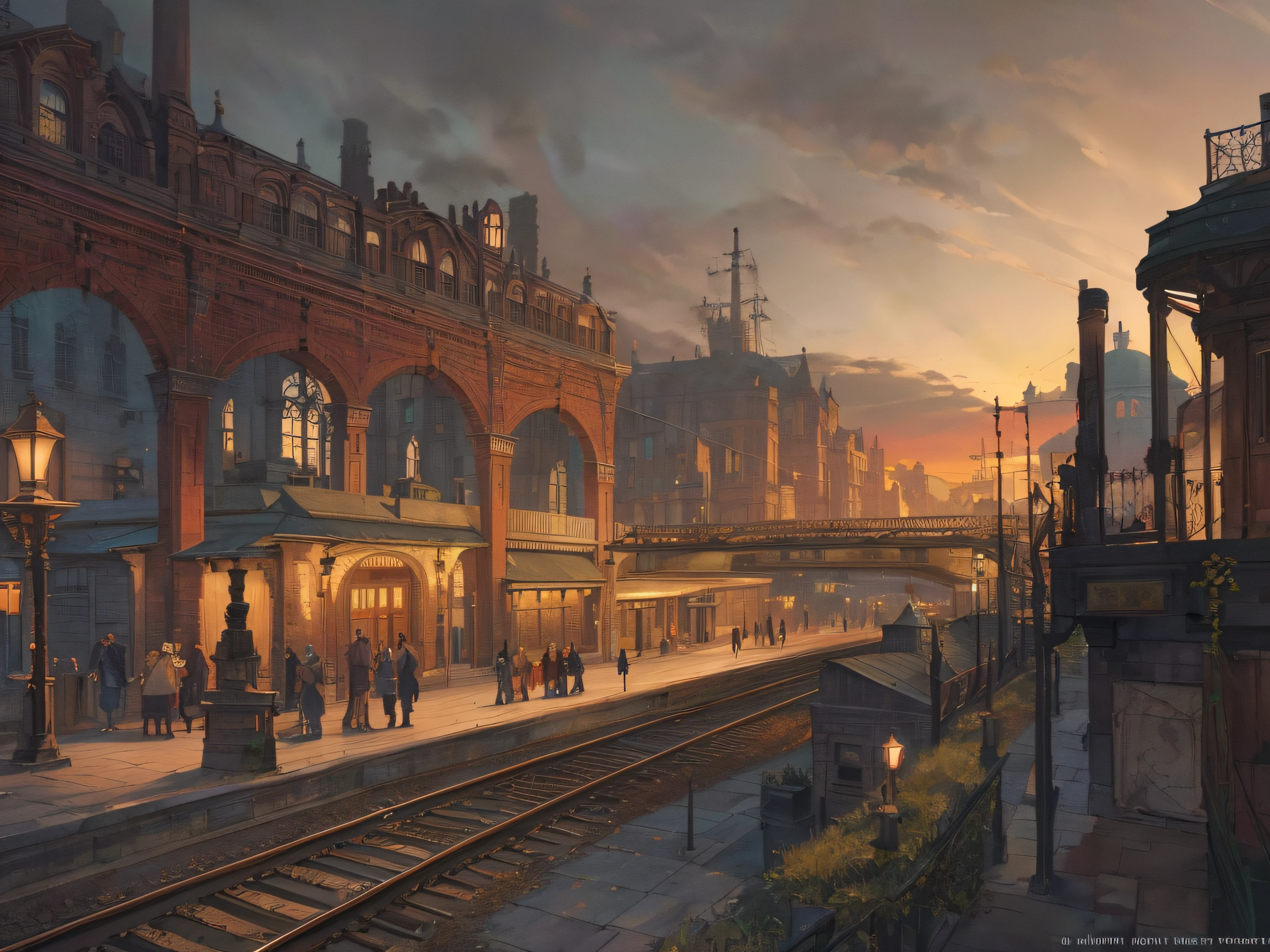 a color (Fantasy: 1.2), (Early 19th century style), ((railway station)), (in the style of the early 19th century), (industrial revolution), Work, arches, lanterns, crowd, dressed in the style of the Industrial Revolution, ((Train)), ((Steam trains)), ((Railways)), Lights, ConceptArt, Artstation contest winner, Fantasy art, by Ross Tran, light shafts, Realistic lighting, tmasterpiece, hiquality, Beautiful graphics, higly detailed, tmasterpiece, hiquality, Beautiful graphics, higly detailed, low key light, ((gloomy atmosphere)), smoke from chimneys, ((darkly)) --v6
