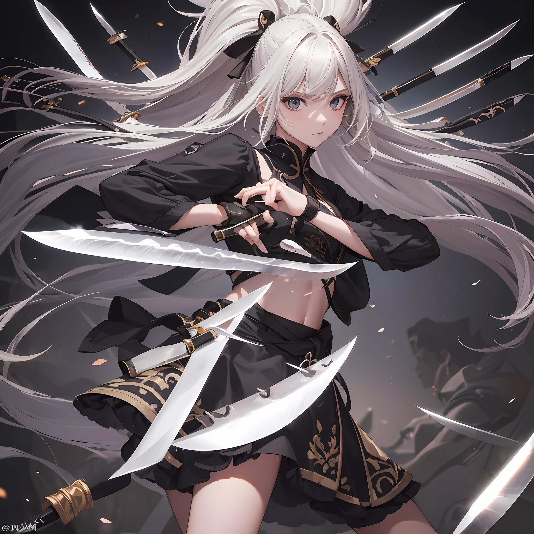 ((cabelos preto e longos:1.2)+(Knife girl:1.5)),Beautiful art,Ultra-clear picture quality,超高分辨率,Show the beauty of battle,(Four blades and blade will:1.3),A musical movement that showcases swift sword moves and sharp blades,Brilliant。 Master of oriental martial arts,Ionian leader,Graceful gestures。 --auto