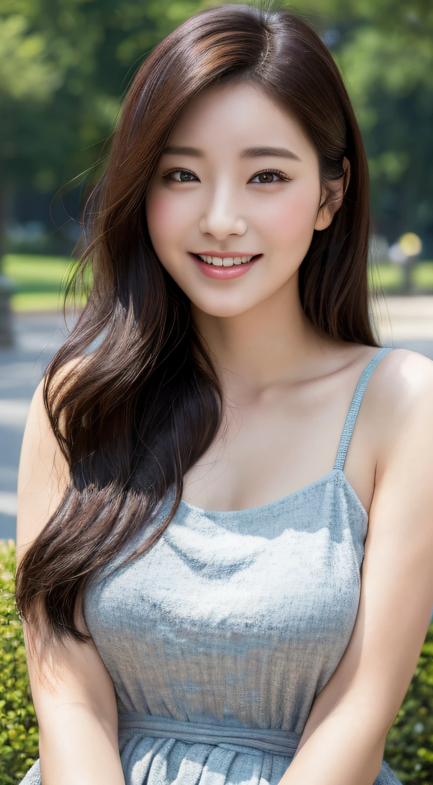 (top-quality、8k、​masterpiece:1.3)、Beautiful Women in Perfect Figure:1.4、A dark-haired、a park、extremely detailed face and skin、A detailed eye、二重まぶた、huge tit、a smile