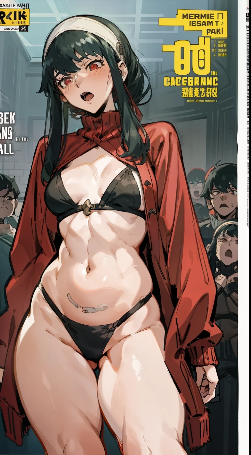 Jörfog,Spy × family role,Red pupils,Black hair,White headband,Reveal a fleshy belly,Feminine abs,having fun,Fleshy thighs,Red convertible sweater,Simetall,Chest open,Full muscles,Tall,Ocean park,Simetall,Comic cover style,Comic cover title