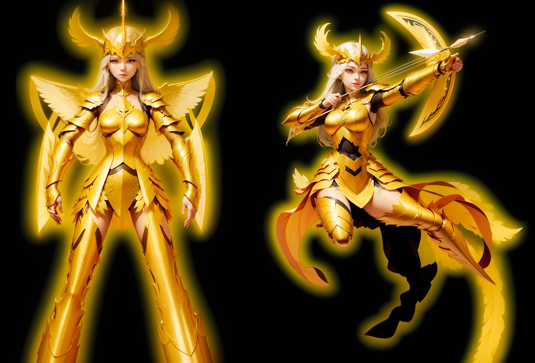 Above all,We draw women's bodies。She has a slender figure,It has beautiful curves,Show the elegance and power of the Sagittarius vestment。
Next,We draw her head。She has a delicate face and long hair,A smile or a confident expression,Show the courage and confidence of the Sagittarius holy robe。
After that,We draw her armor。The armor is golden,There are some decorative patterns and lines on it,Added aesthetics。Under the armor,We draw her body,She stood there,Ready to shoot。
then,We draw her wings。The wings are white,There are some feathery ornaments,Show the freedom and agility of the Sagittarius Vestment。
Enfim,We draw a bow and arrow in her hand,And add details like arrows and quivers。The arrows are silver,There are some decorations on the quiver,Increases the overall effect。