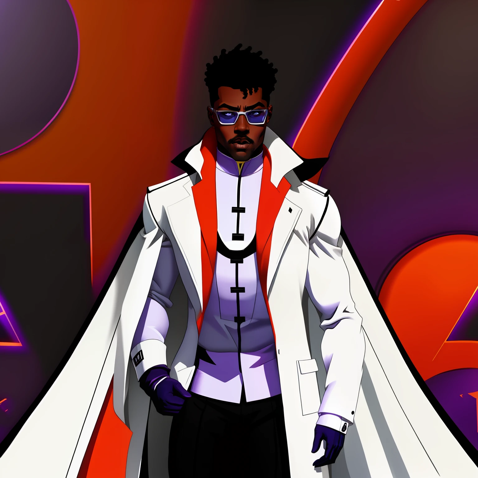 Black superhero wearing a black and white suit with a white lab coat and purple gloves, wearing black pants, wearing an orange visor glasses, inspirado no Michael B Jordan, cool hero, poderoso, psychic, graves, nervoso, personagem 2d, estilo quadrinhos