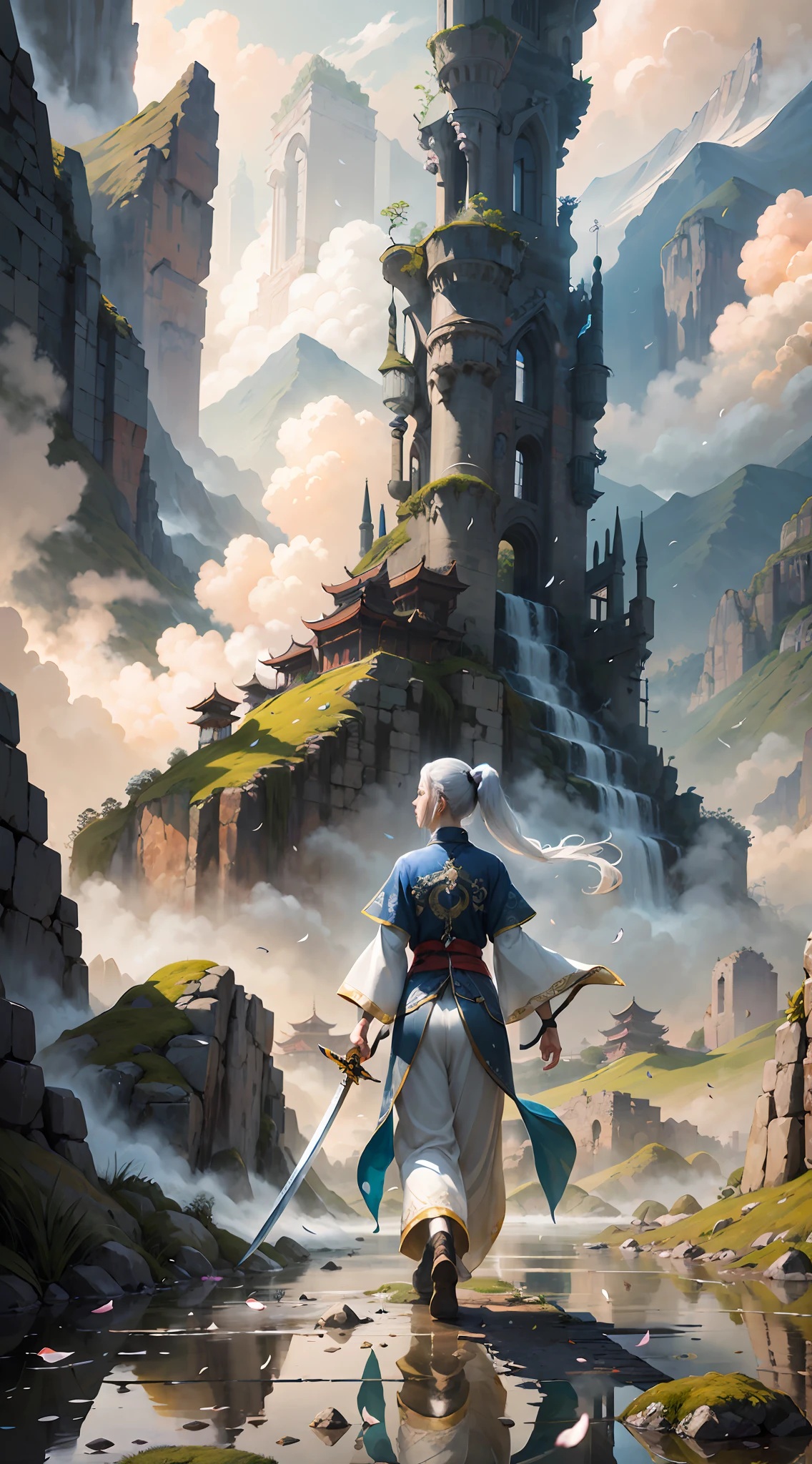 The heroine of the novel walks in the rain，with petals falling, a digital rendering by Shitao, romanticism lain, full-body wuxia, beautiful avatar picture, Wuxia, Beautiful depiction, this is beautiful, Yi Qiang and Shurak，Background image on the back，Back shadow，long whitr hair, White hair，Kizi，Open terrain，Ancient Chinese style，Single ponytail，Long sword，Xuan Xiu Immortal Realm，flat land，the woods，Birds，，The sky is gray-blue，mythological beasts，High mountains and flowing water，Two-dimensional wallpaper，aquarelle，Novel painting，Novel pictures