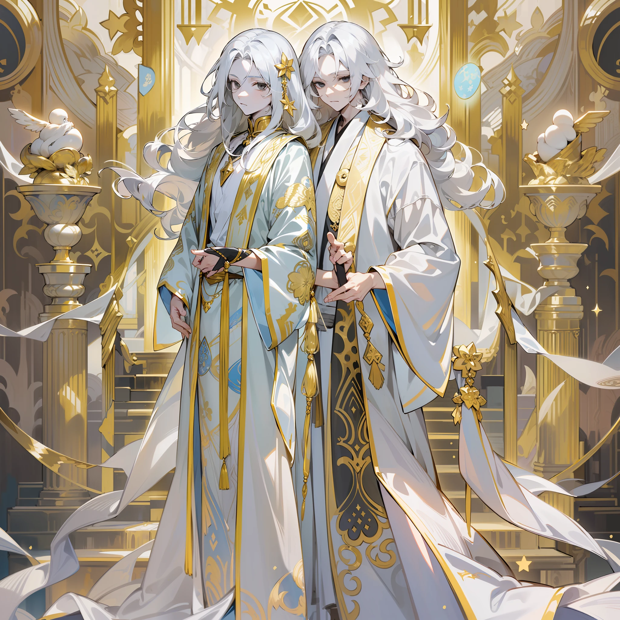 two boys, (((twins))), ((identical twins)), (((male))), (slim body), (((flat chest))), (((white colored skin))), ((porcelain skin)), ((marble skin)), (((white-skinned))), (((white skin))), (((black colored eyes))), (((black eyes))), (((white colored hair))), (((white hair))), ((long hair)), (((poofy hair))), (fluffy hair), ((wavy hair)), (((fantasy style))), (wearing long fantasy robes), (flowy robes), (long robe), ((wearing similar clothes)), (matching robes), (gold colored lace), (christian inspired), ((fantasy patterns on clothes)), ((magical patterns)), warm light, inside a fantasy temple, ((identical hair)), ((identical faces)), looking extremely similar, (male faces), covered up, stars decoration, sun moon decoration