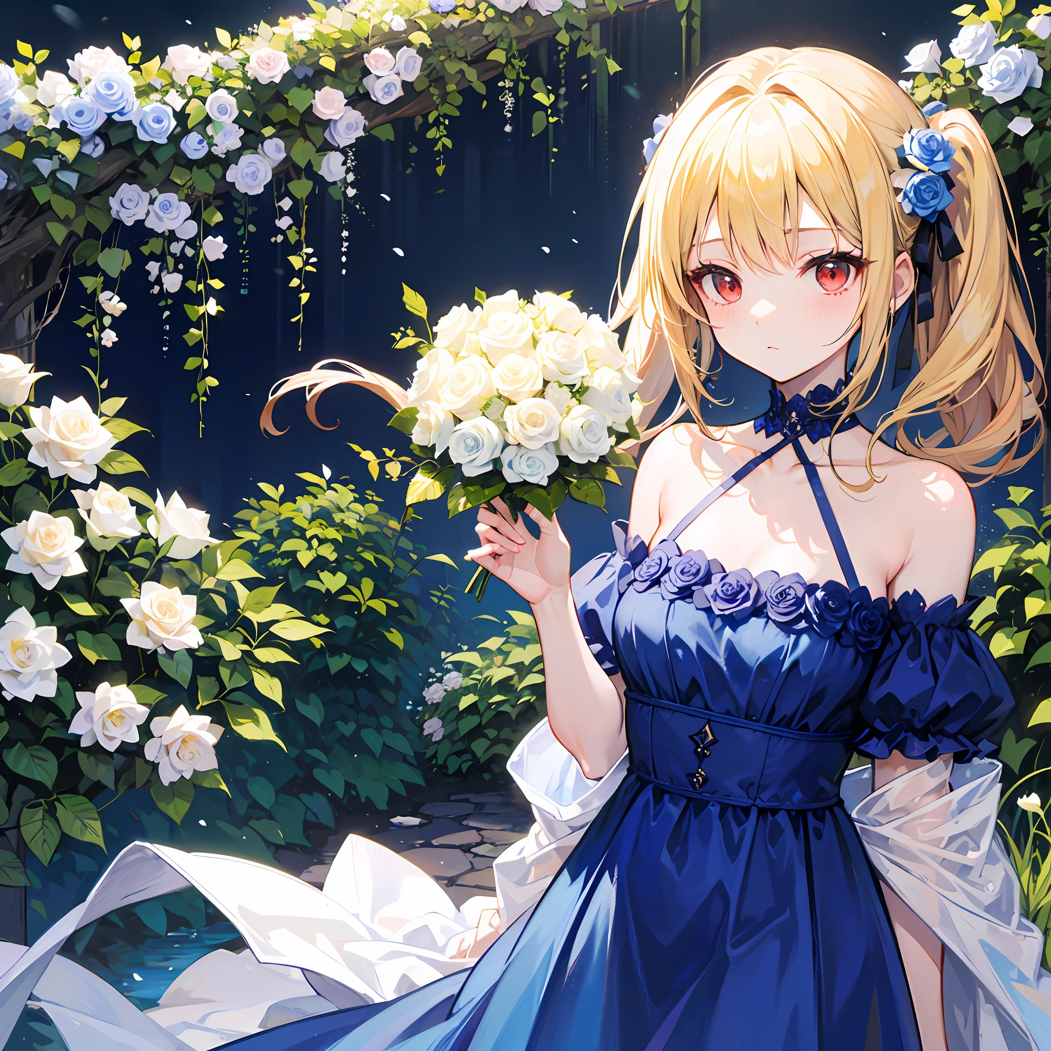One blonde girl、red eyes、poneyTail、a blue dress、off shoulders、Garden of White Roses、Bouquet of roses