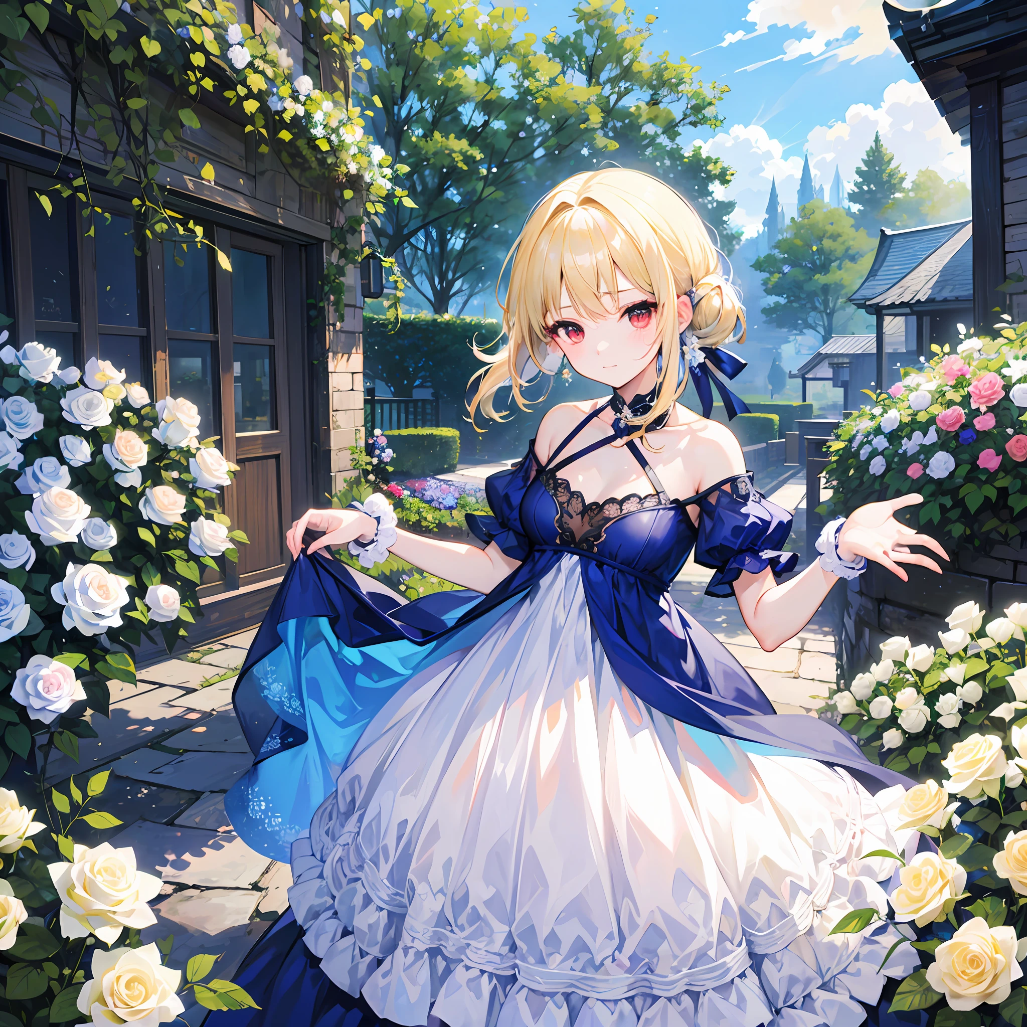 One blonde girl、red eyes、poneyTail、a blue dress、off shoulders、Garden of White Roses、Bouquet of roses