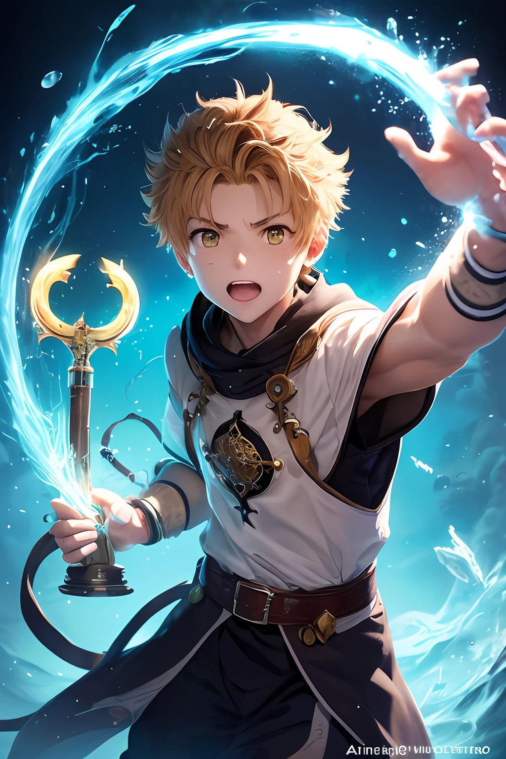(((Rudeus))),((Obra-prima do anime))),holding staff in hands, cajado grande com crista grande espefico roxo transparente, Concentrando Magia verde azul no cajado, vortex, particuls, (sentado), 1 garoto, ((sozinho)), ambiente de fantasia, (((serio))), Concentrando magia multicolorida no ambiente de fantasia, ((((atirando magia em uma montanha)))), in action
