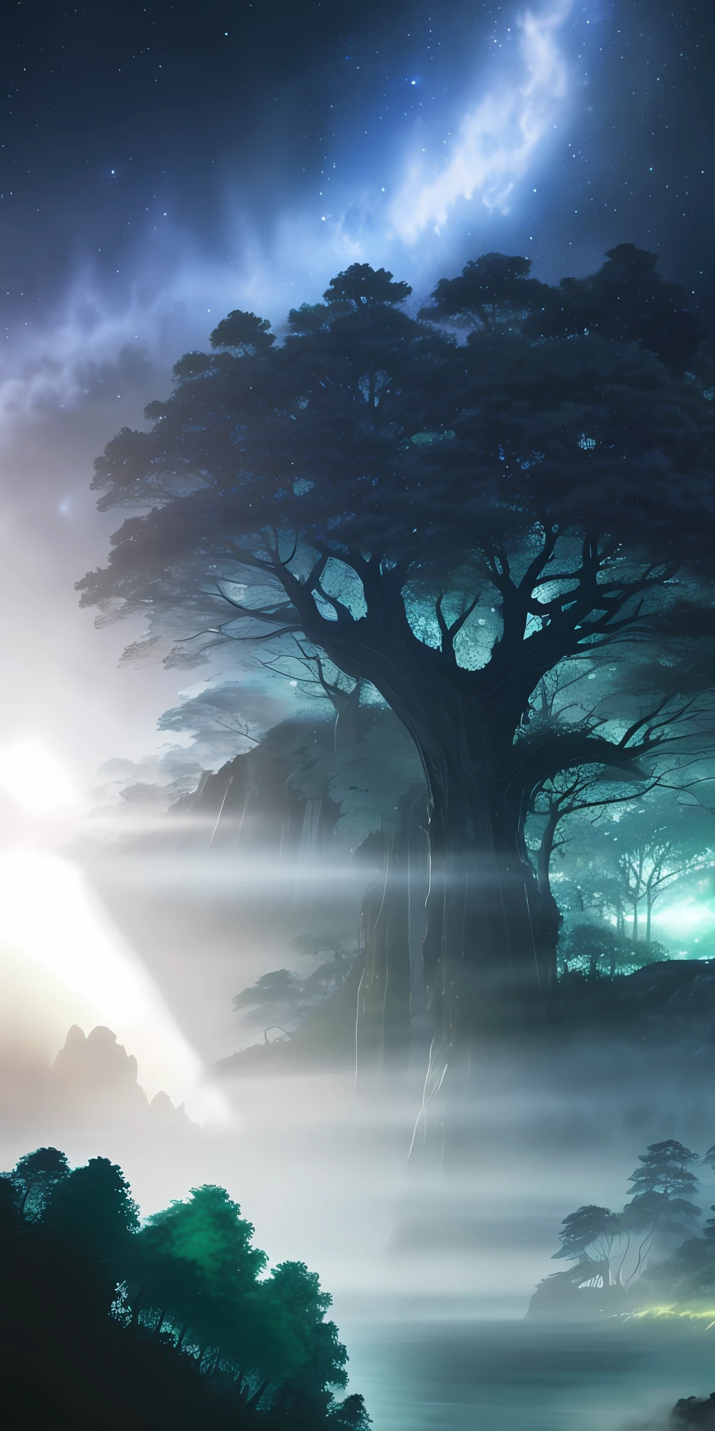 There is a large tree in the middle of the field, Fantasy Tree, fantasy forest landscape, fantasy atmospheric lighting, magical forest backround, green trees. Matte painting, fantasy forrest background, Fantasy Forest, Magical tree, made of tree and fantasy valley, fantasy forest background, enchanting and otherworldly, fantasy forest landscape at day, epic dreamlike fantasy landscape