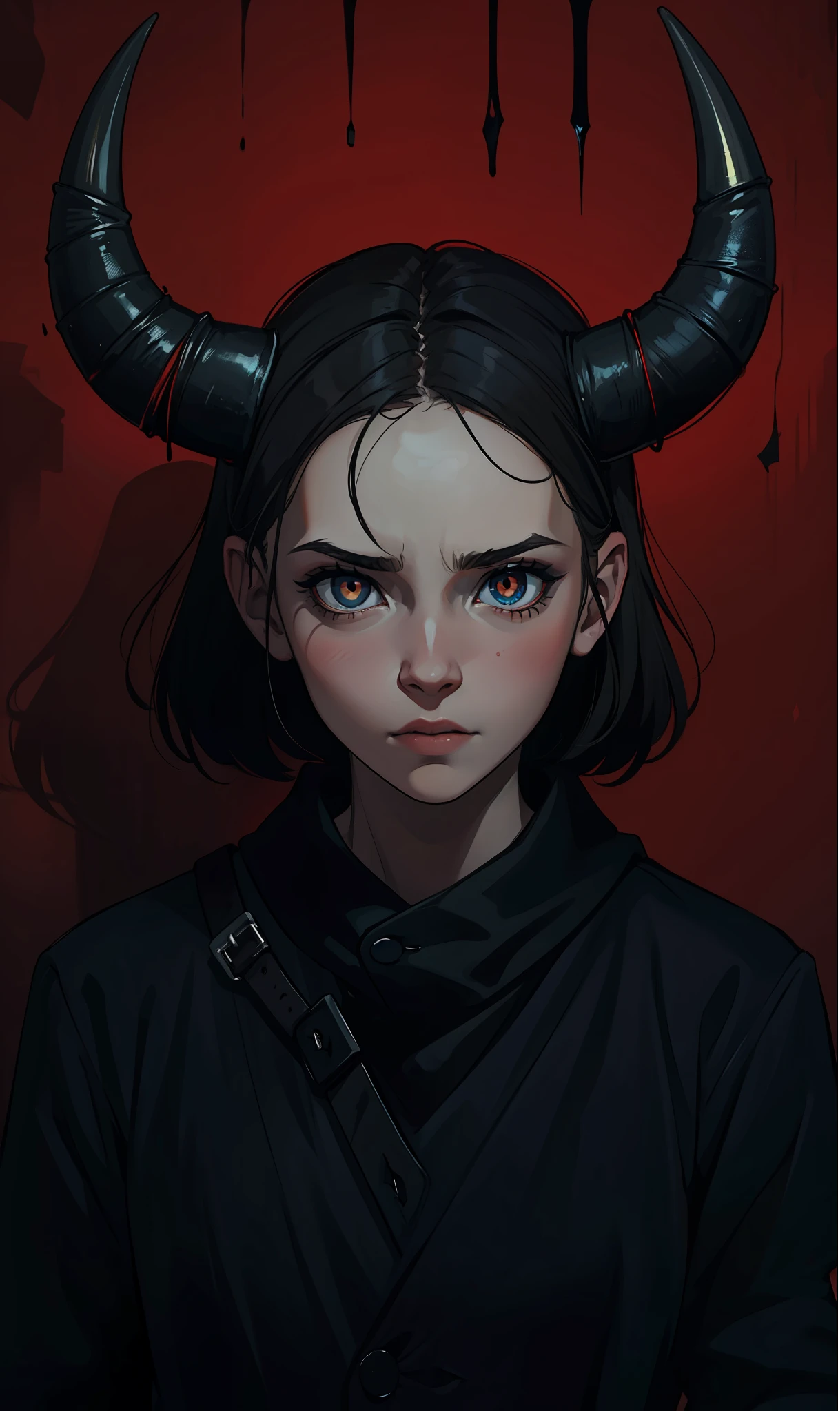 Image of a girl with horns on her head, portrait of demon girl, Portrait of bad girl, inspirado em Gottfried Helnwein, Retrato de uma sinistra, Retrato de uma jovem bruxa, Demon girl, chifres e olhos vermelhos, com chifres, Retrato de uma jovem bruxa, Directed by: Gottfried Helnwein, Daughter of Satan, Erwin Olavo