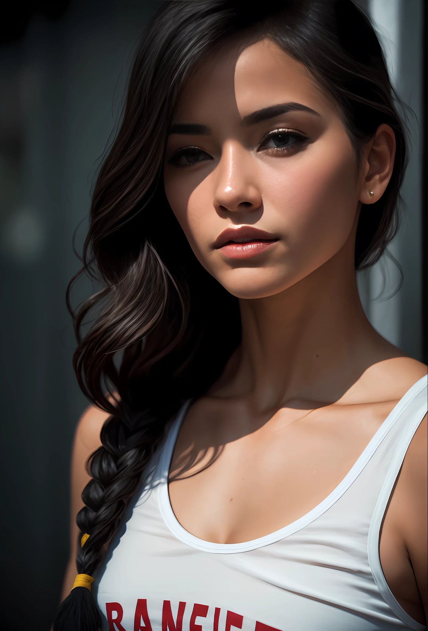 ((linda mulher de pele clara)), (cabelo (((liso))) stuck in the braid), ((magro, pequeno)), em traje basico ((camiseta longa)), Camiseta com pequena marca, (shorts apertado,) (coxas a mostra) fotografiarrealista, fotografia, obra-prima, realista, Realismo, renderizado, Alto contraste, digital art photographyrealistic trend in Artstation 8k HD high definition detailed realistic, detalhado, textura da pele, hiper detalhado, Textura realista da pele, armadura, melhor qualidade, ultra high-resolution, (fotografiarrealista: 1.4), alta resolução, detalhado, fotografia crua, sharp re, by Lee Jeffries Nikon D850 Film Stock Photography 4 Kodak Portra 400 Camera Lens F1.6 rich colors realistic texture hyper realistic dramatic lighting unrealengine trending on artstation cinestill 800, .....RAW