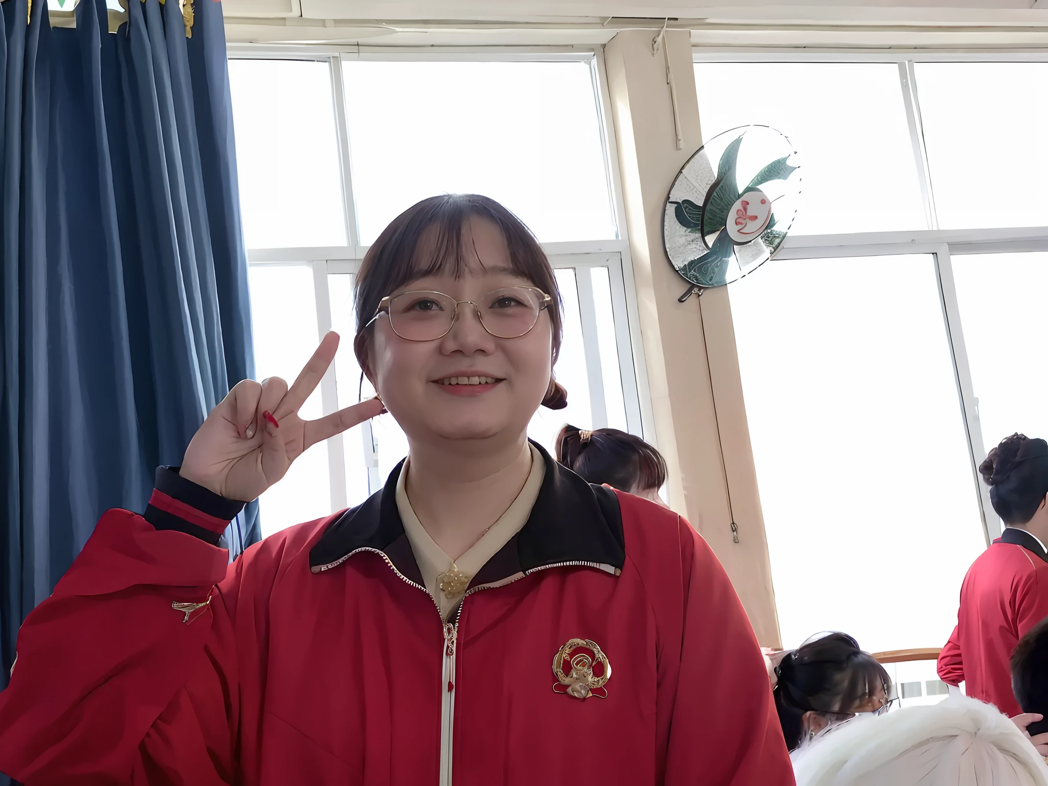 There was a woman in a red jacket and glasses doing a peace sign, xintong chen, Zhang Pengzhen, Li Zixin, zeng fanzh, xiaofan zhang, jinyiwei, inspired by Ma Yuanyu, wenfei ye, mingchen shen, Student, Qiu Fang, wenjun lin, Wang Qichao, huifeng huang