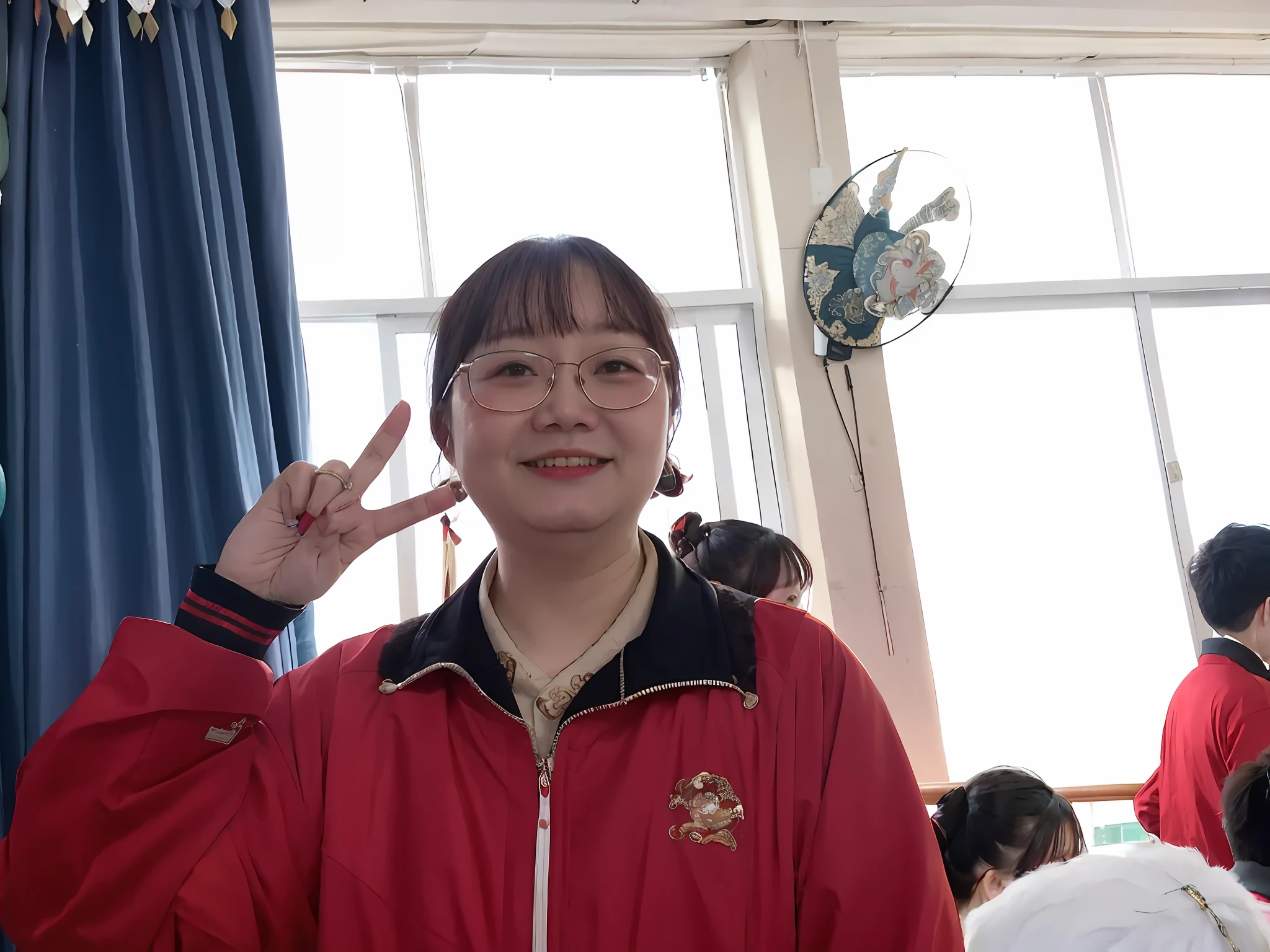 There was a woman in a red jacket and glasses doing a peace sign, xintong chen, Zhang Pengzhen, Li Zixin, zeng fanzh, xiaofan zhang, jinyiwei, inspired by Ma Yuanyu, wenfei ye, mingchen shen, Student, Qiu Fang, wenjun lin, Wang Qichao, huifeng huang