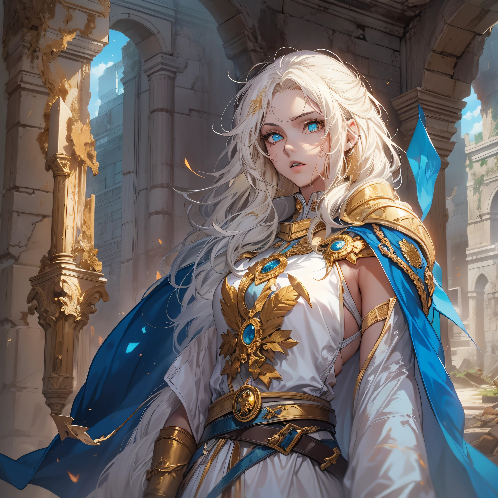 s girl,white skinned,Blonde and blue hair,A scabbard hangs from his waist,ancient wind,Golden decoration,Cloak,A man stands among the ruins,Blue pupil,glowing light eyes,HighestQuali,tmasterpiece