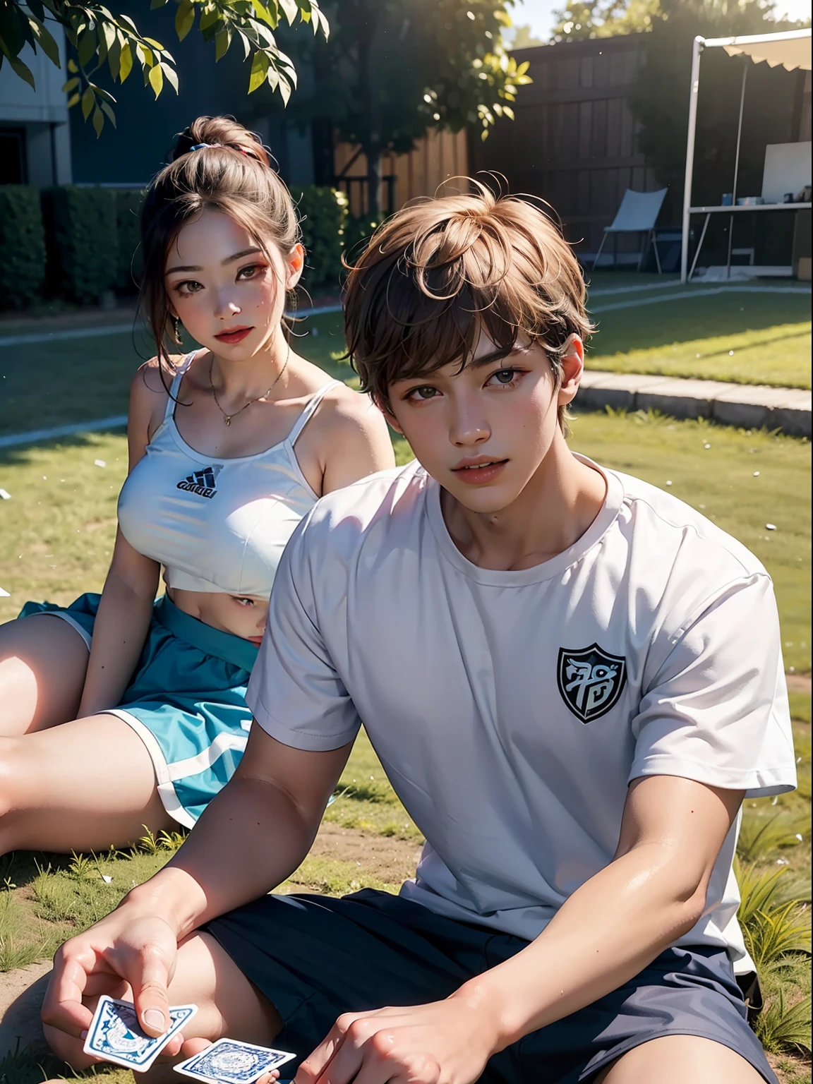 1boys，1girll，dynamic angle，Football scene，White top，Sit on the lawn，The boy is having fun playing cards，The girl leans on the boy's shoulder and smiles，Light tracing，Floating colorful winds mix in the picture，Rich in color，Realistic and delicate，offcial art，Unity 8k壁纸，Ultra-detailed masterpiece，best qualityer，Glowing skin，cinmatic lighting。