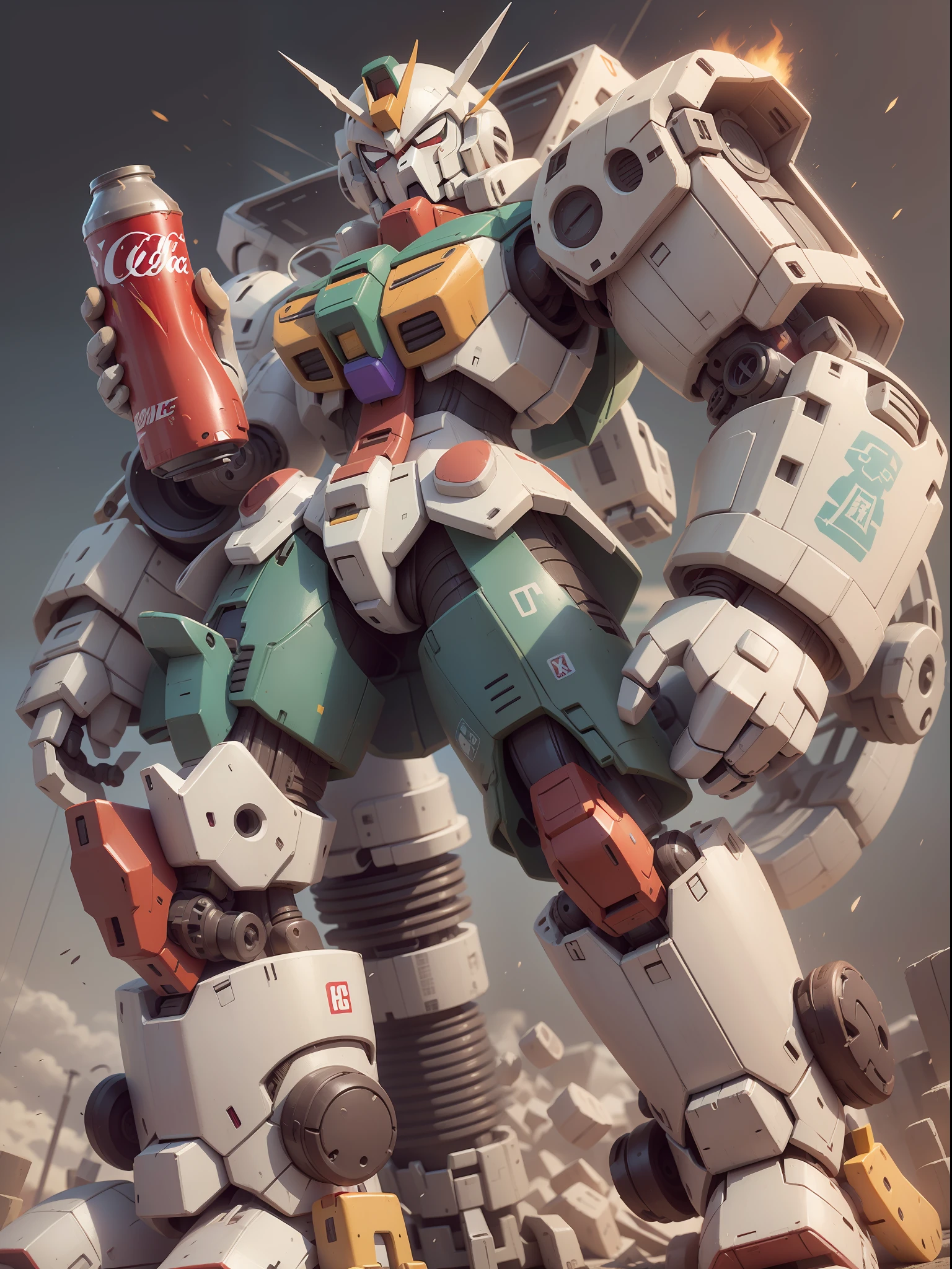 (Machinary：Genzu Gundam:1.331)，(Yuan Zu Gaoda holds a can of Coca-Cola)，Metatron up to RX78，The mech is rich in detail，(White background)，（Canned Coca-Cola），Cute style，Little，big headed，(Hot Wheels:1.331)，a 3D render，((Q version))，Pokémon style，Machine style，Cinematic texture，Figures，Pokémon，电影灯光，Heavy robotic arm，Mechanical belly，mechanical leg，mechanical leg，Mechanical feel，The background surrounds lightning，salama，mizore，Clean white background，Ray traching，Premium color，Bust 3D model，Action，Stylish blind box toy。(fill body:1.2)，tchibi