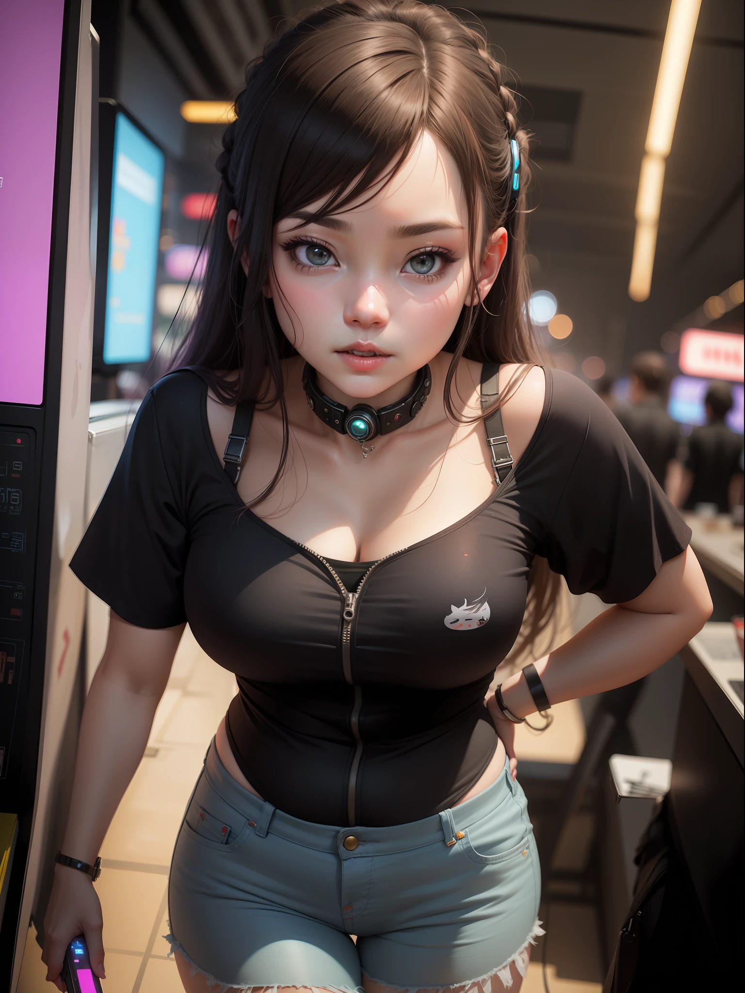 Chubby girl real face animeted ; change background in to cyberpunk ;