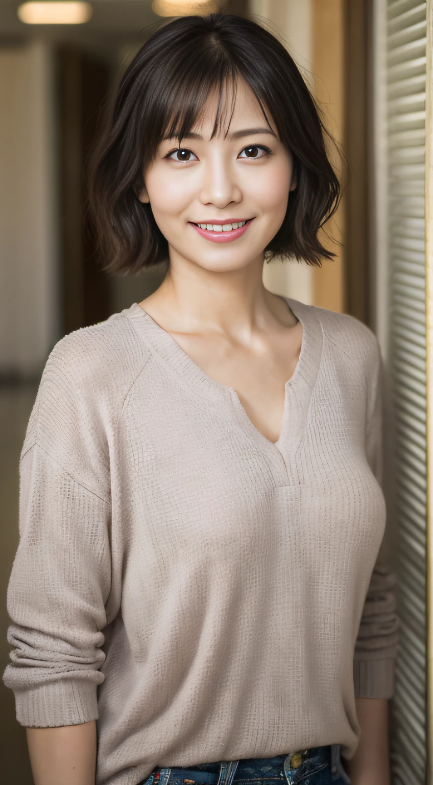 portrait, 8K, high quality, realistic photo image, 39 years old, Japan woman, neat and clean wife, small, housewife, reproduce natural and realistic eyes, Japan person stand, small, beautiful black hair, short hair, light makeup, octane rendering, beautiful lighting, golden ratio composition, smile, everyday wear, casual clothes, natural background, blurred background, 4k, high quality, realistic photo image, Japan woman, 37 years old, pure Japan face, lovely wife, upper body, small breasts, light makeup, suppin, neat beauty, mature woman, sober clothes, gray, beige, blue, sober, casual attire, smile, black hair, small black eyes, background blur,mizuki yamasita