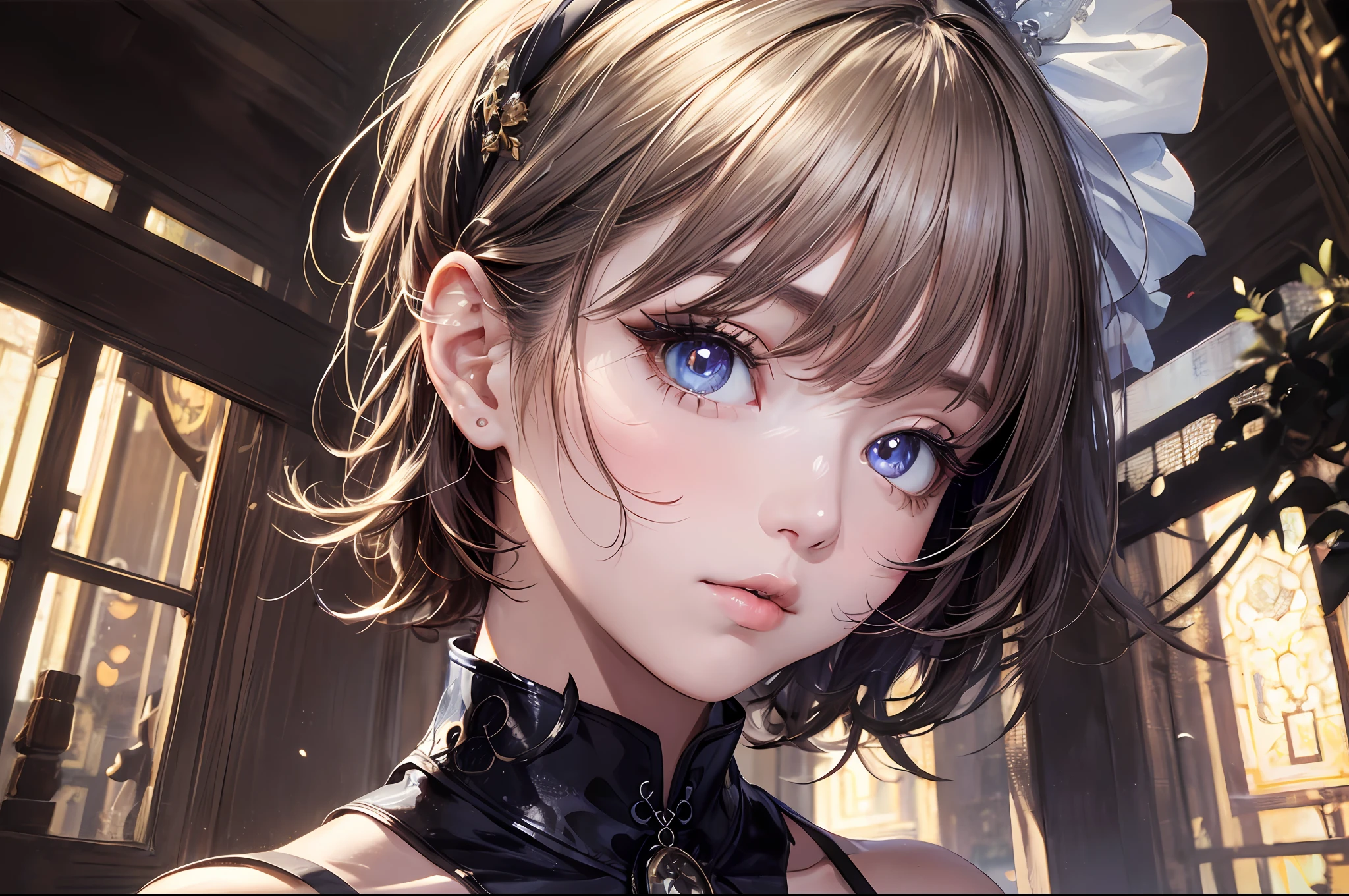 1girl in, (((shorth hair))), jugendstil,(​masterpiece, top-quality, Near and far law, depth of fields:1.5), beautiful countenance, 8k, Raw foto, HDR, Photorealsitic, film grains, chromatic abberation, hight resolution, ultra-detailliert, finely detail, 动态照明, Dramatic lighting、shadowy、extremely detailed eye and face、Round pupils、Realistic pupils、clean back ground