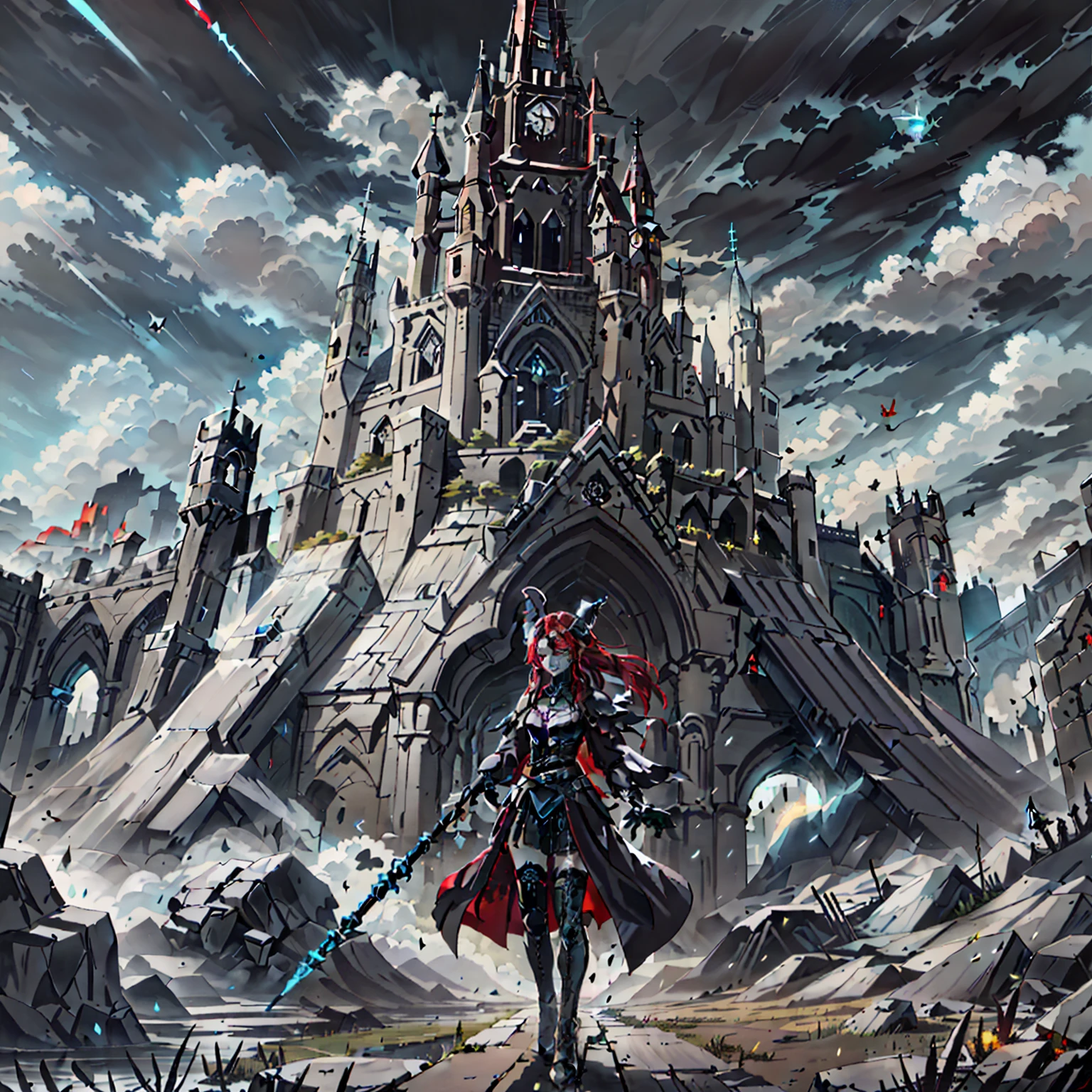 goth style,A red-haired and black-pupiled witch with a pure face,Gorgeous black magic robes,With huge mysterious creatures and eerie castles in the background,When it rains, it feels sacred,Characters take up one-sixth of the picture,holding a magical staff,The contrast between light and shadow is obvious,Grandiose scenes and an epic feel,Textured skin,high detal,A high resolution,tmasterpiece。