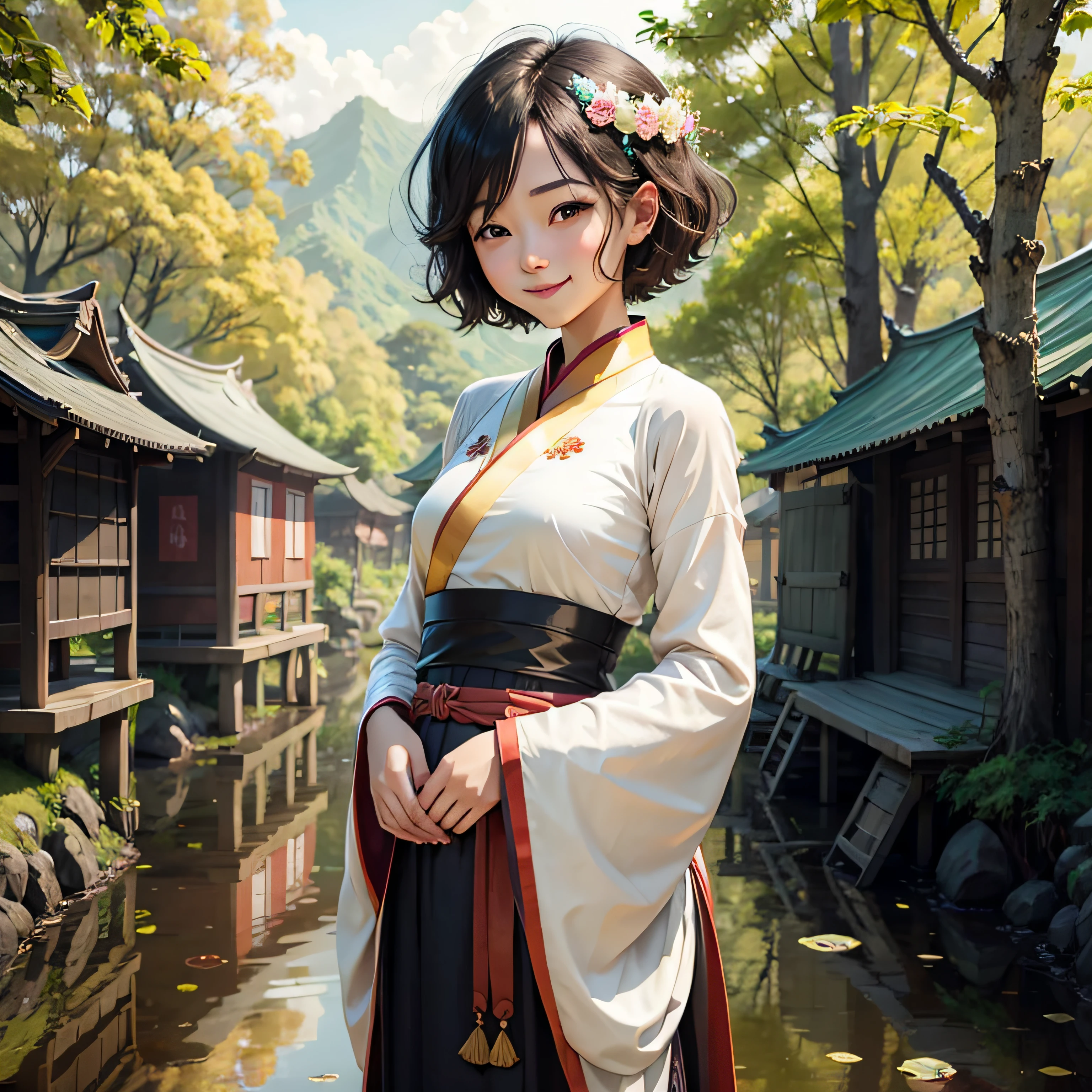 (masterpiece),best quality,good anatomy, shuimobysim,(1 girl:1), (upper body),(smile),short hair,(hanfu),(ecchi0.5), (trees:0.5), (flowers:0.6) ,(wooden house:0.2),(bamboo forest:0.2),(creek:0.2),(river:0.2), --auto