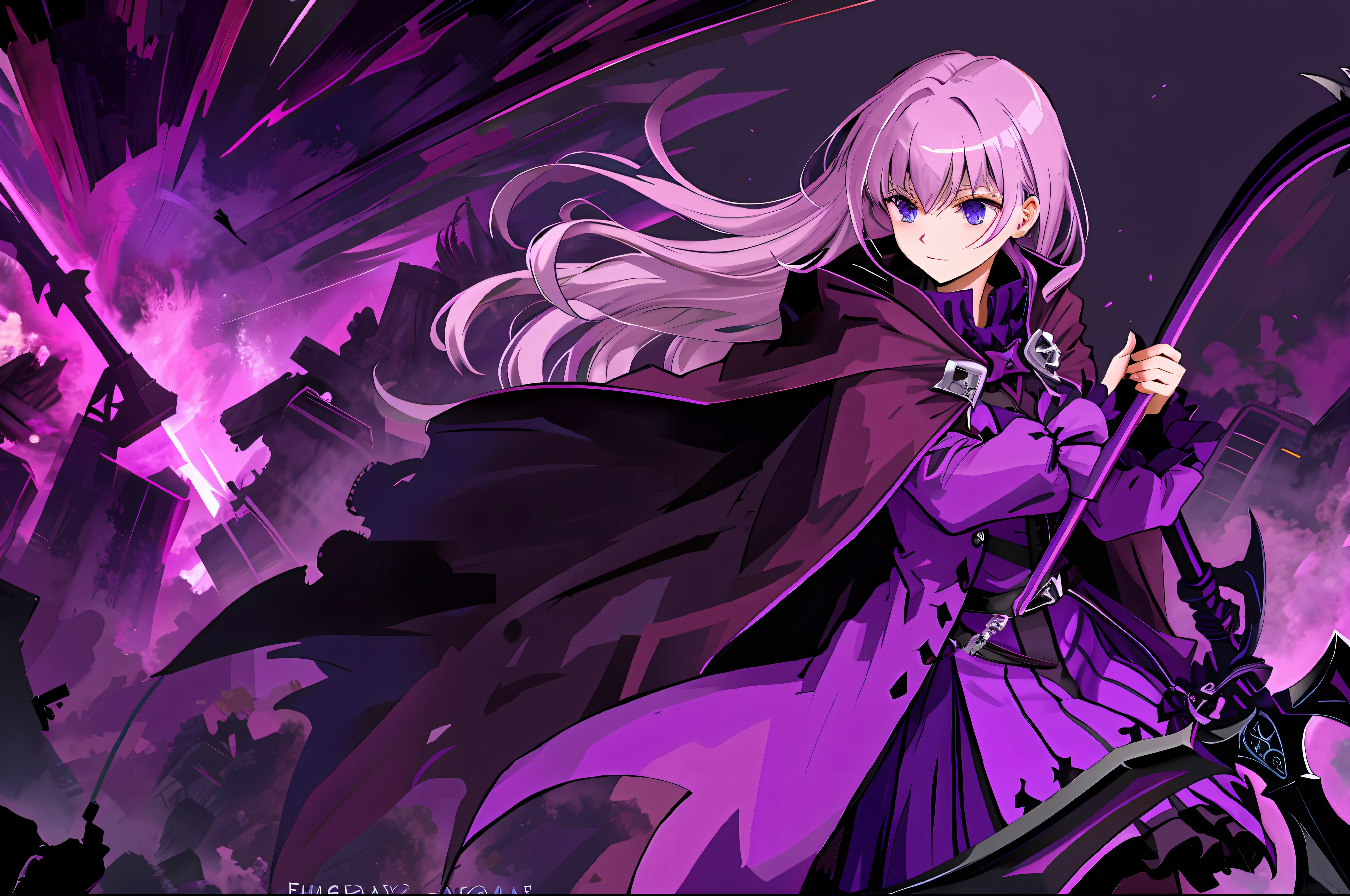 Gothic purple coat，Delicate cape，In ruins，Holding two large purple scythes