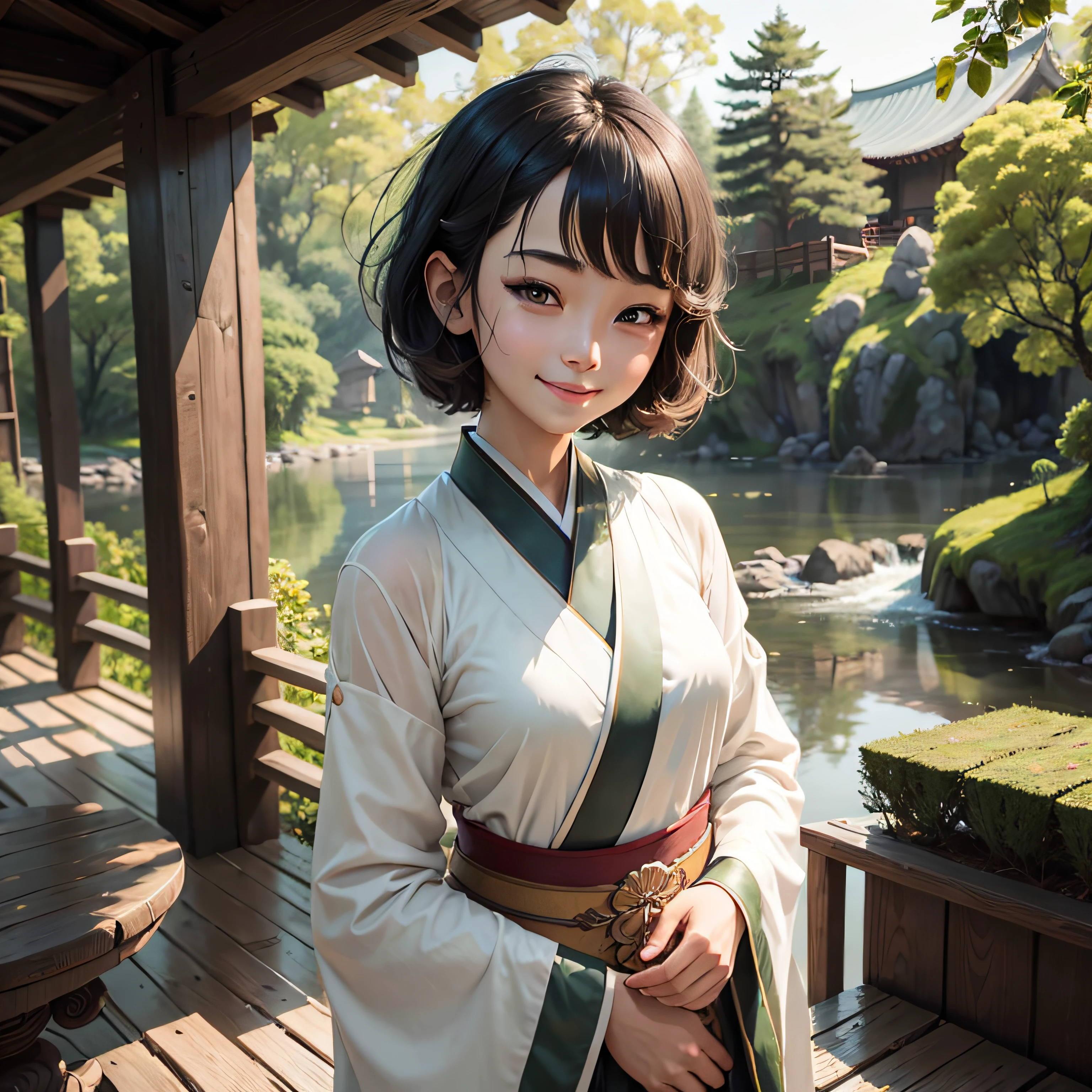 (masterpiece),best quality,good anatomy, shuimobysim,(1 girl:1), (upper body),(smile),short hair,(hanfu),(ecchi0.5), (trees:0.5), (flowers:0.6) ,(wooden house:0.2),(bamboo forest:0.2),(creek:0.2),(river:0.2), --auto