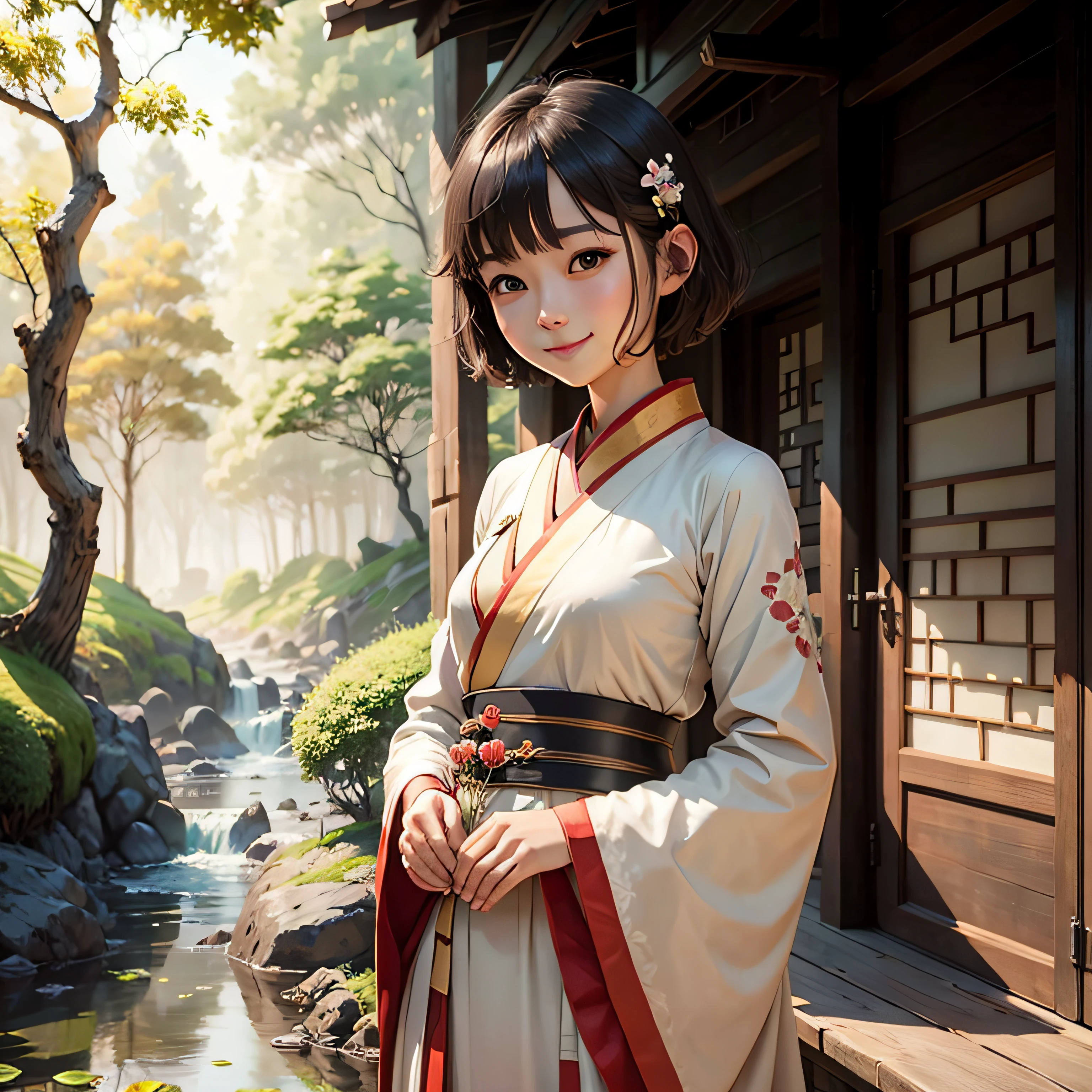 (masterpiece),best quality,good anatomy, shuimobysim,(1 girl:1), (upper body),(smile),short hair,(hanfu),(ecchi0.5), (trees:0.5), (flowers:0.6) ,(wooden house:0.2),(bamboo forest:0.2),(creek:0.2),(river:0.2), --auto
