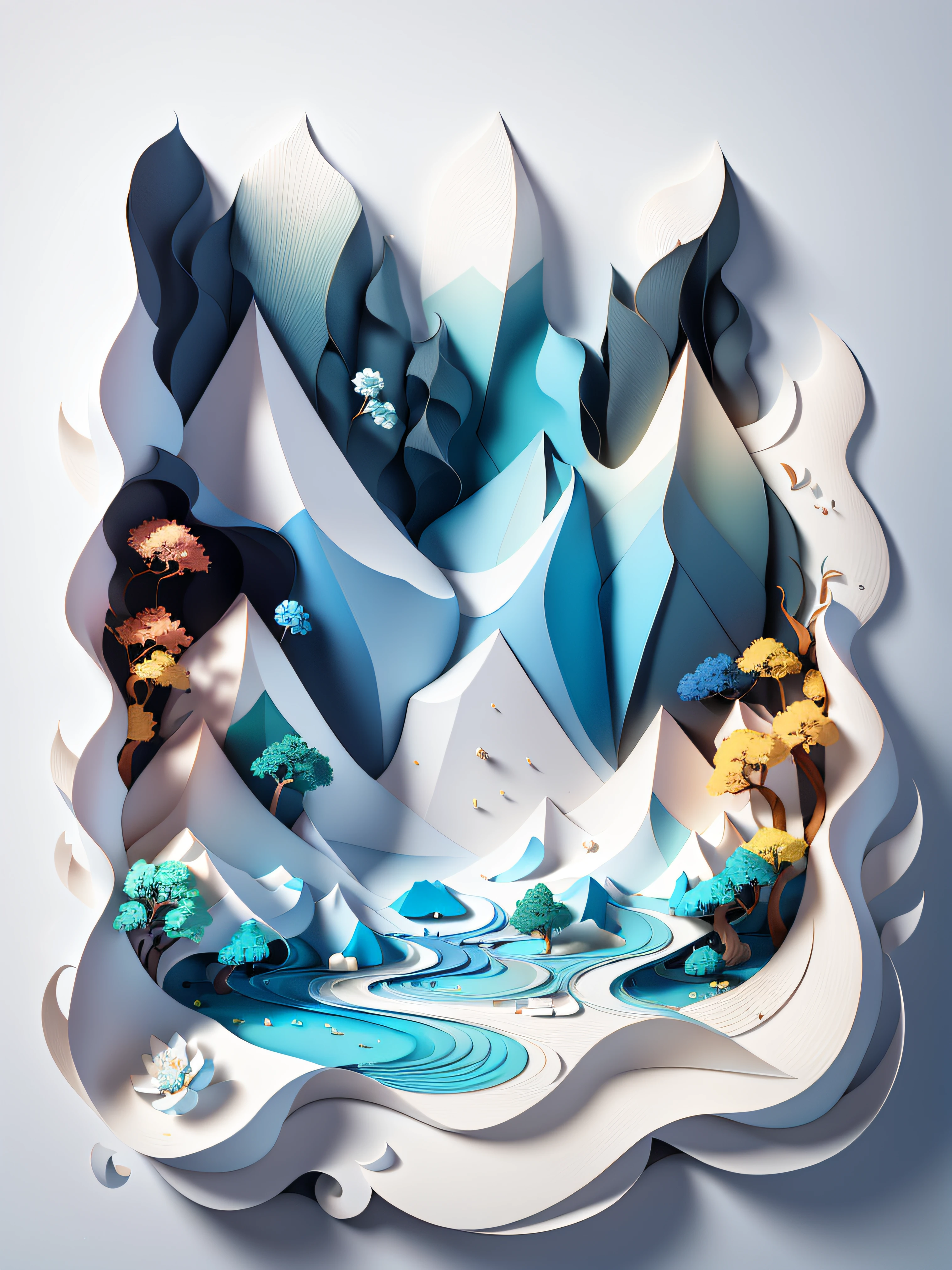 Traditional Chinese landscape painting, paper creation, 3D stereoscopic rendering, color gradient from white to light blue, 4K resolution, simple and natural composition, :white background, fresh and vulgar style. (:nature:)