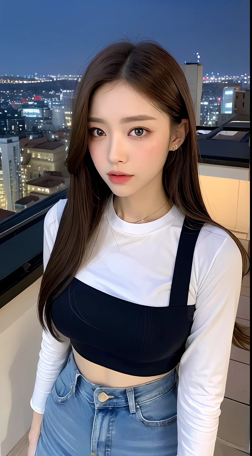 ((Midnight, Best quality, 8k, Masterpiece :1.3)), Whole body, Long legs, Sharp focus :1.2, A pretty woman with perfect figure :1.4, Slender abs :1.1, ((Dark brown hair, Big breasts :1.2)), (White tight tshirt, Jean bib, Standing:1.2), ((Night city view, Rooftop:1.3)), Highly detailed face and skin texture, Detailed eyes, Double eyelid
